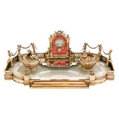 Antique French Silver Gilt, Glass & Enamel Inkstand Clock, Paris, France c. 1880