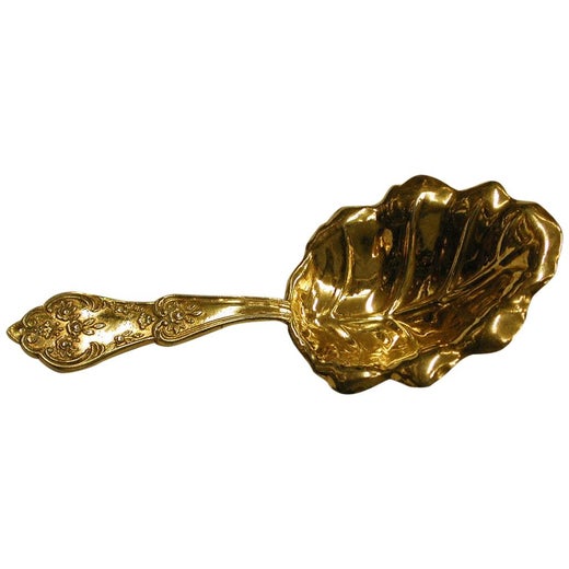 Antique French Silver Gilt Leaf Shaped Tea Caddy Spoon, Paris, Dated circa 1870