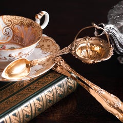 Antique French Silver Gilt Vermeil Teaspoon, Tongs & Strainer Set - c.1845