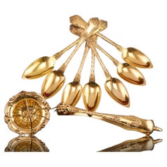 Antikes französisches, vergoldetes Vermeil-Teelöffel-, Zange- undtrainer-Set aus Silber, um 1845