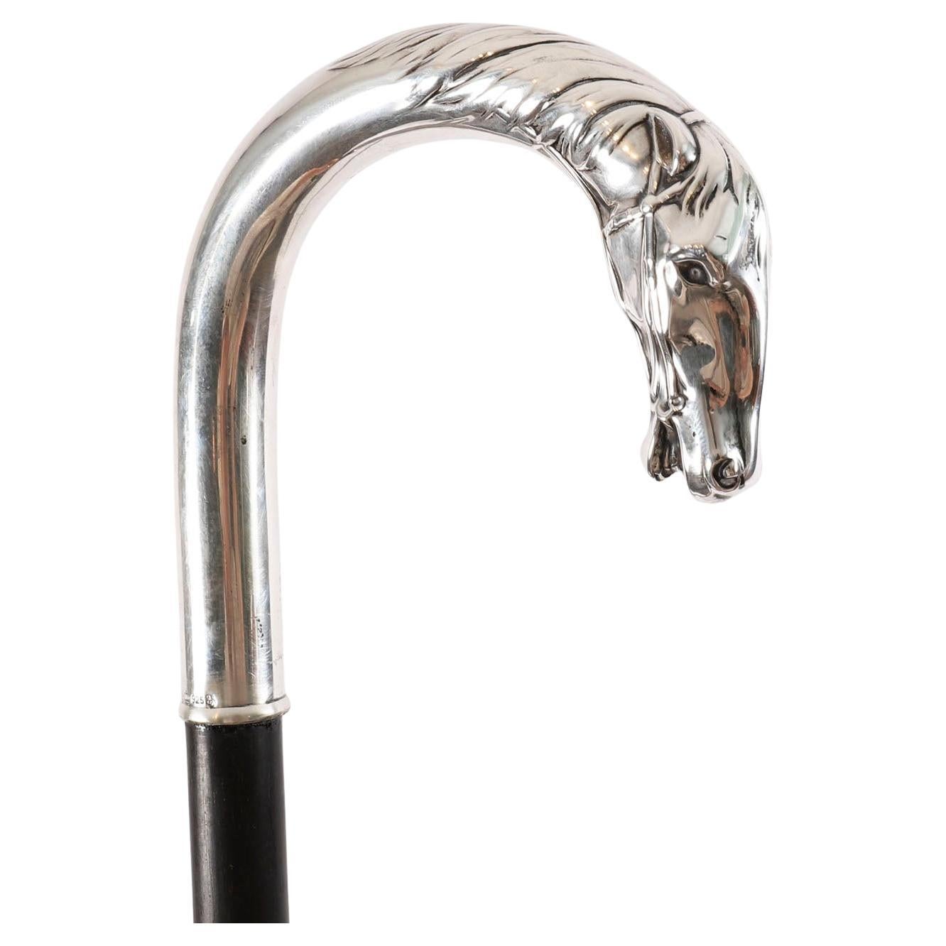 Antique French Silver Horse Head Walking Cane Stick 19th Century 90cm 35.5inches