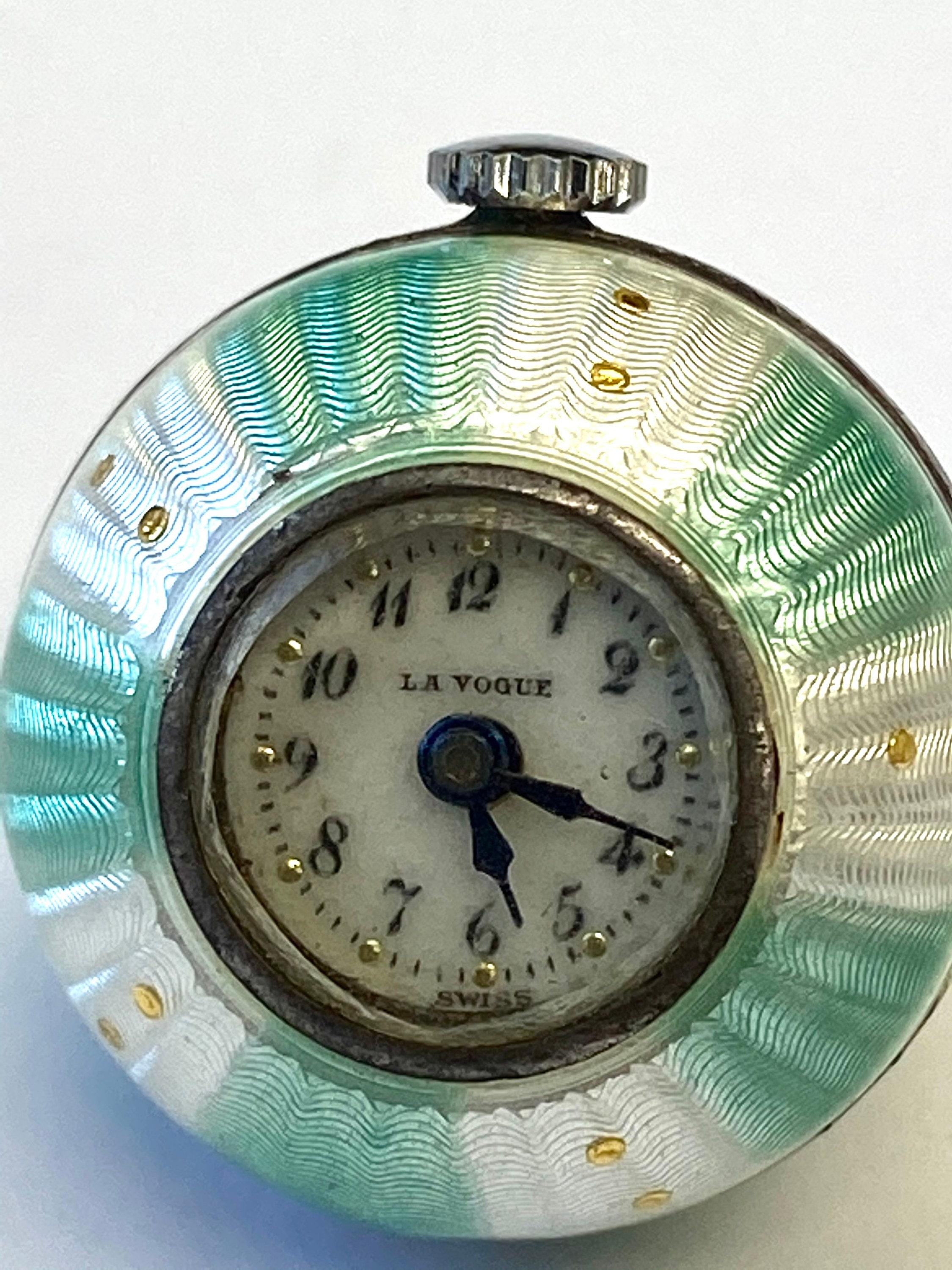 Antique French Silver La Vogue Green Enamel Clock Pendant For Sale 3
