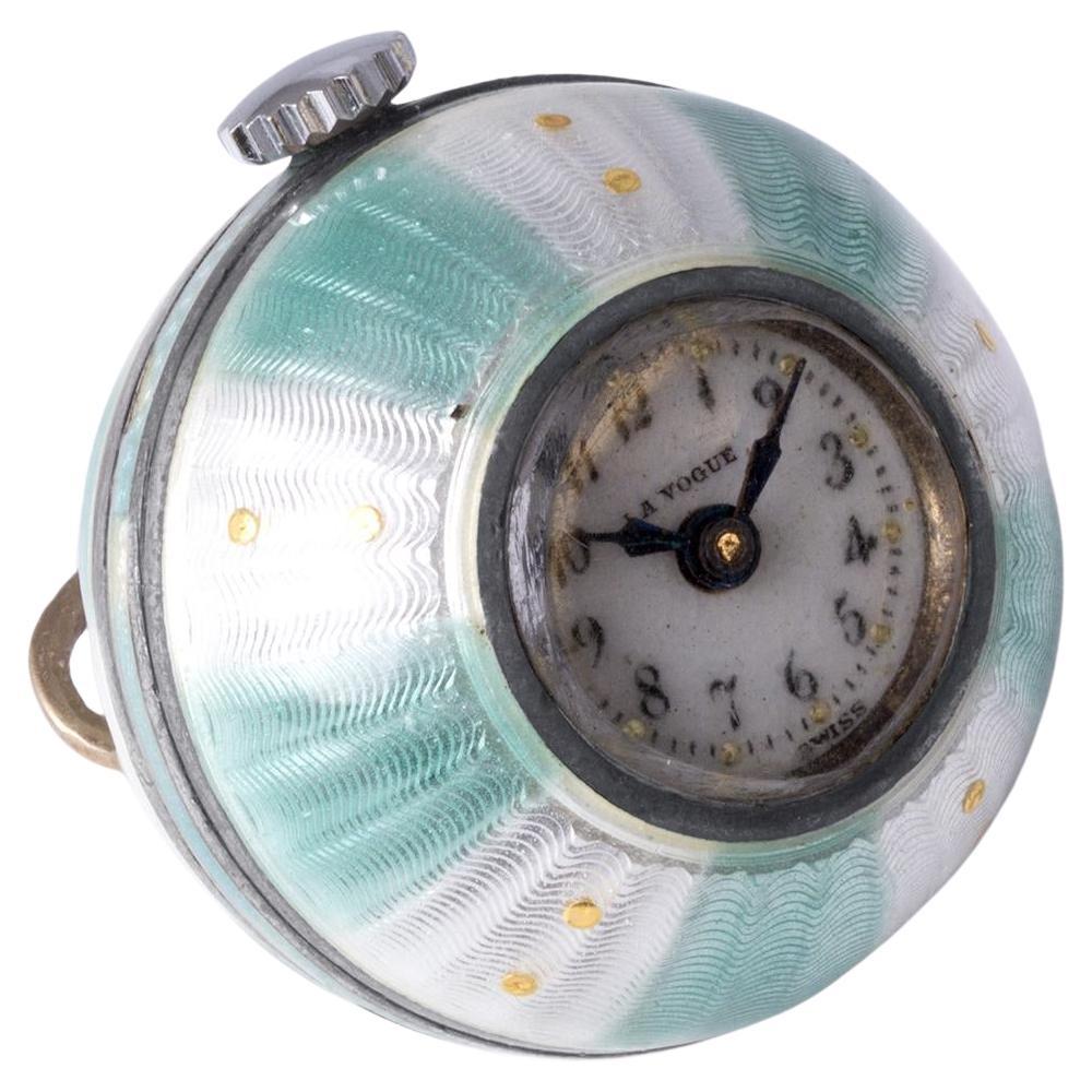 Antique French Silver La Vogue Green Enamel Clock Pendant For Sale