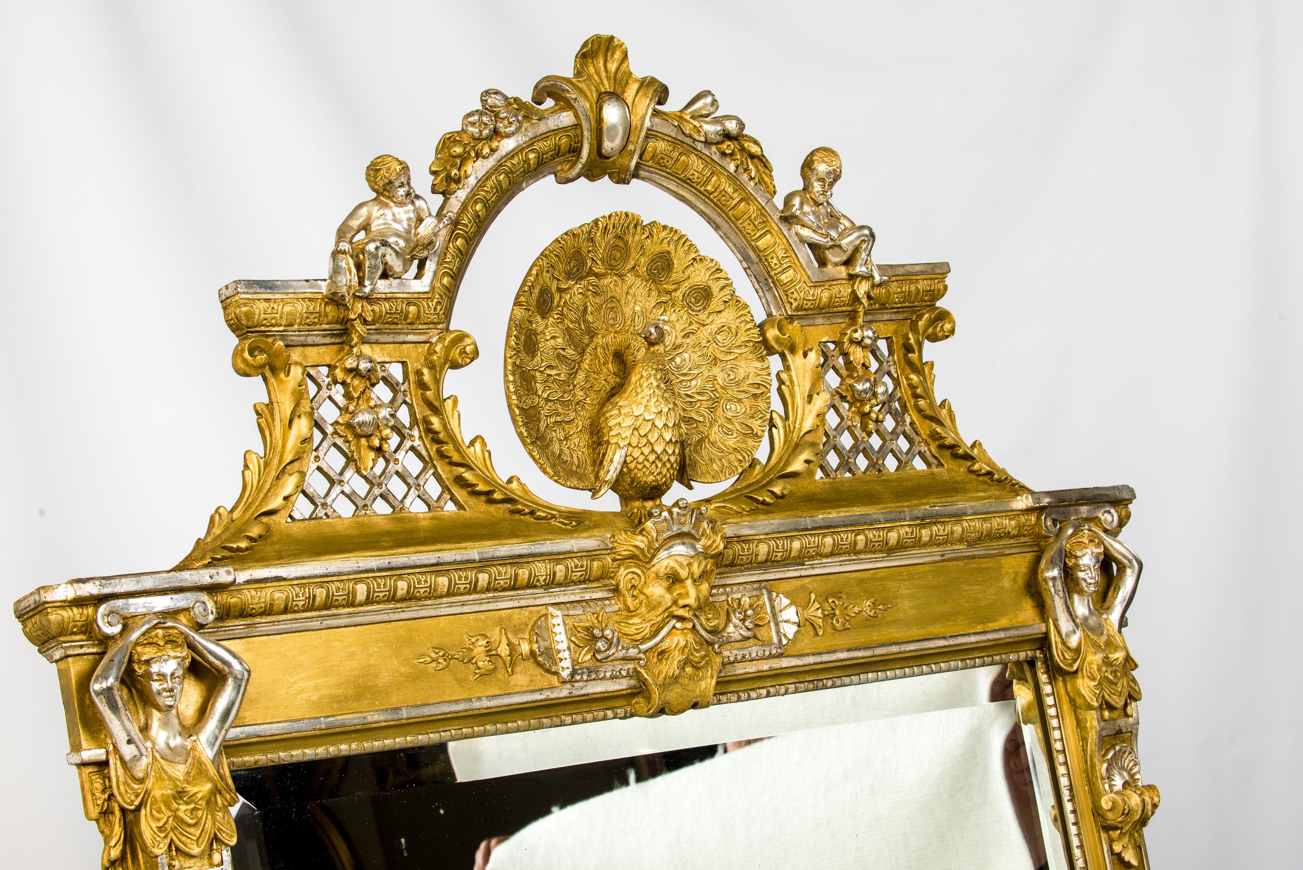 Neoclassical Antique French Silver Leaf and Gold Eclectic Mirror with Peacock and Angels