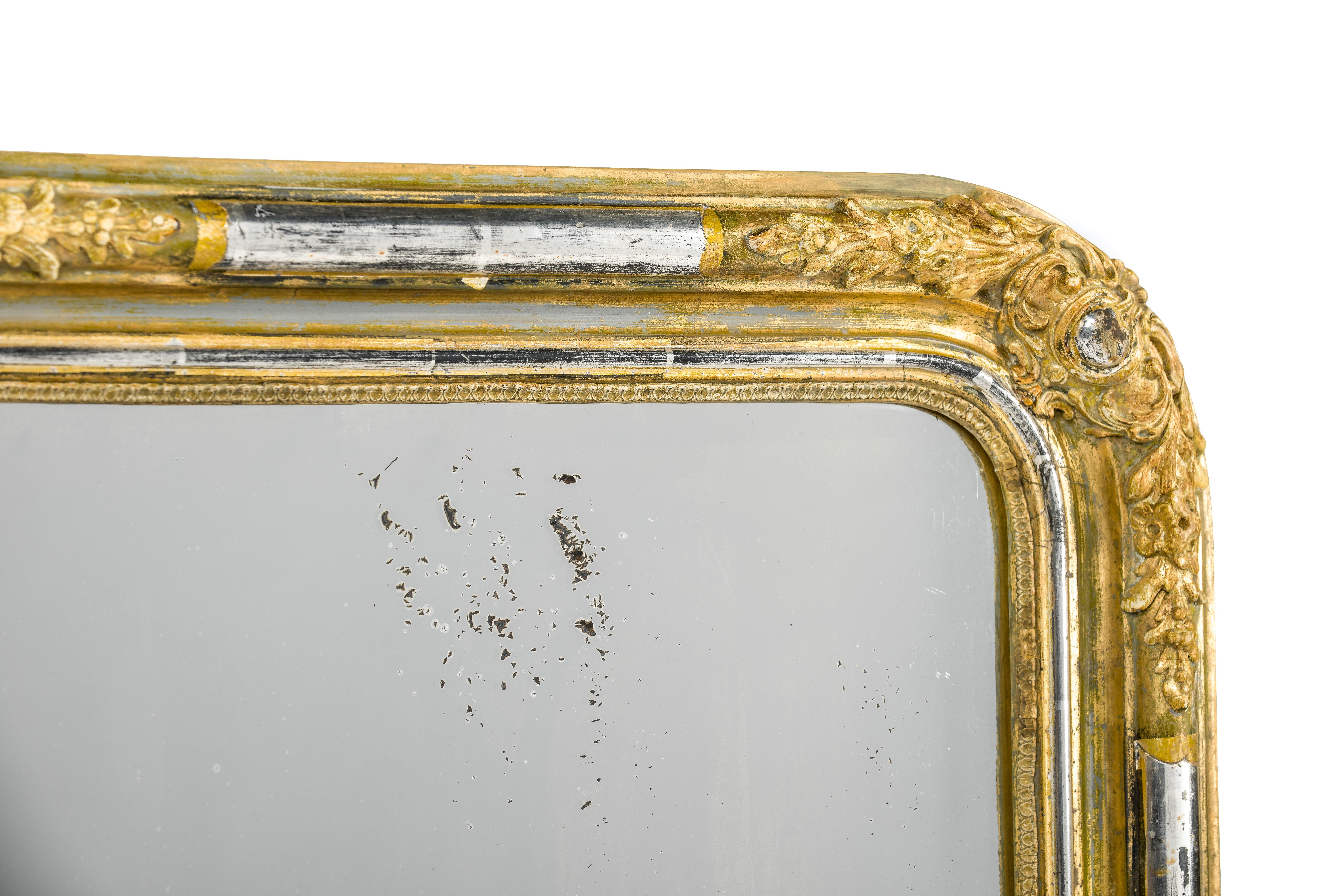 Patinated Antique French Silver Leaf Gilded Louis Philippe Mirror from the Alsace Region