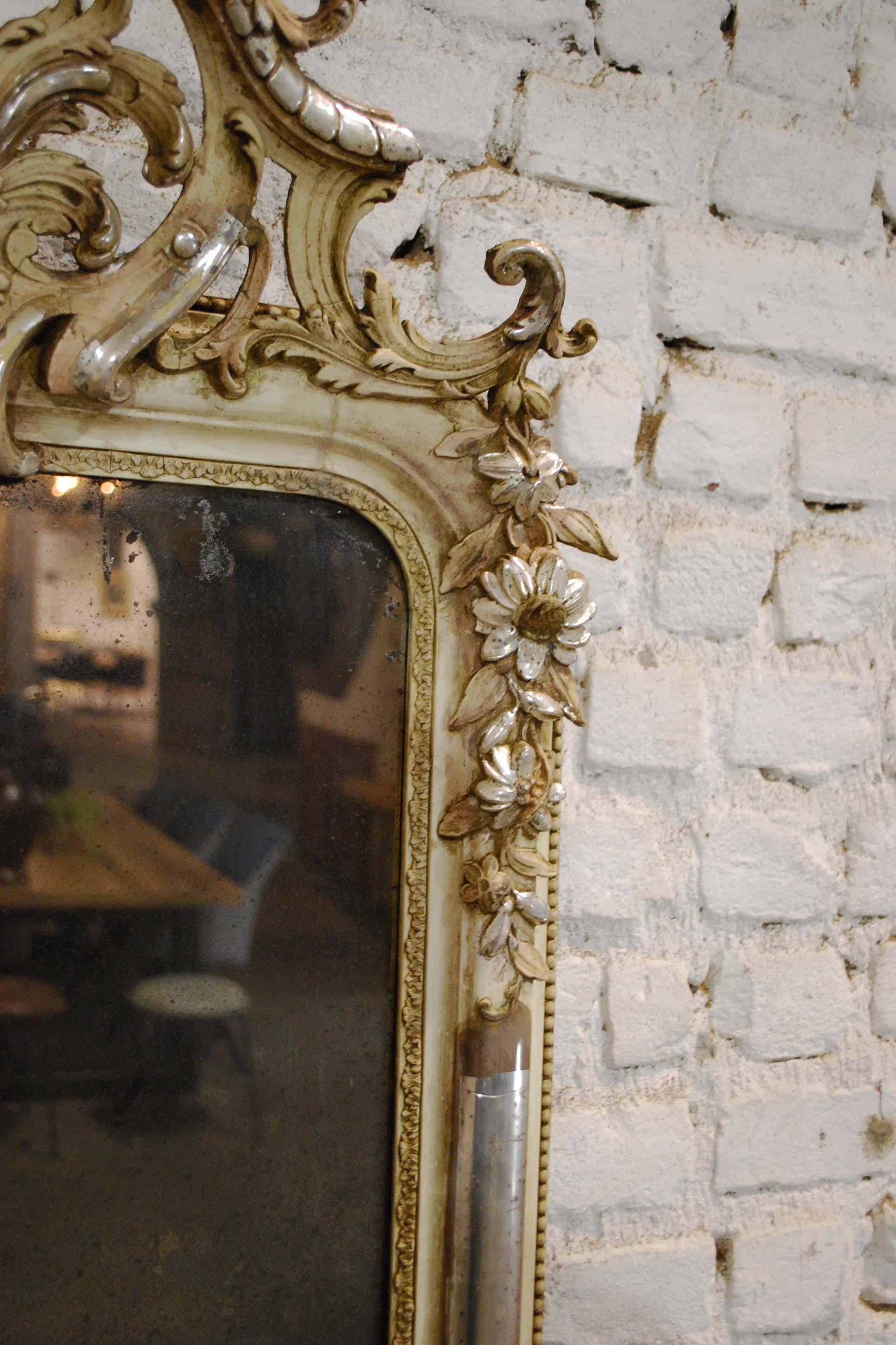 19th Century Antique French Silver Leaf Gilded Louis Philippe Mirror with an Ornate Crest