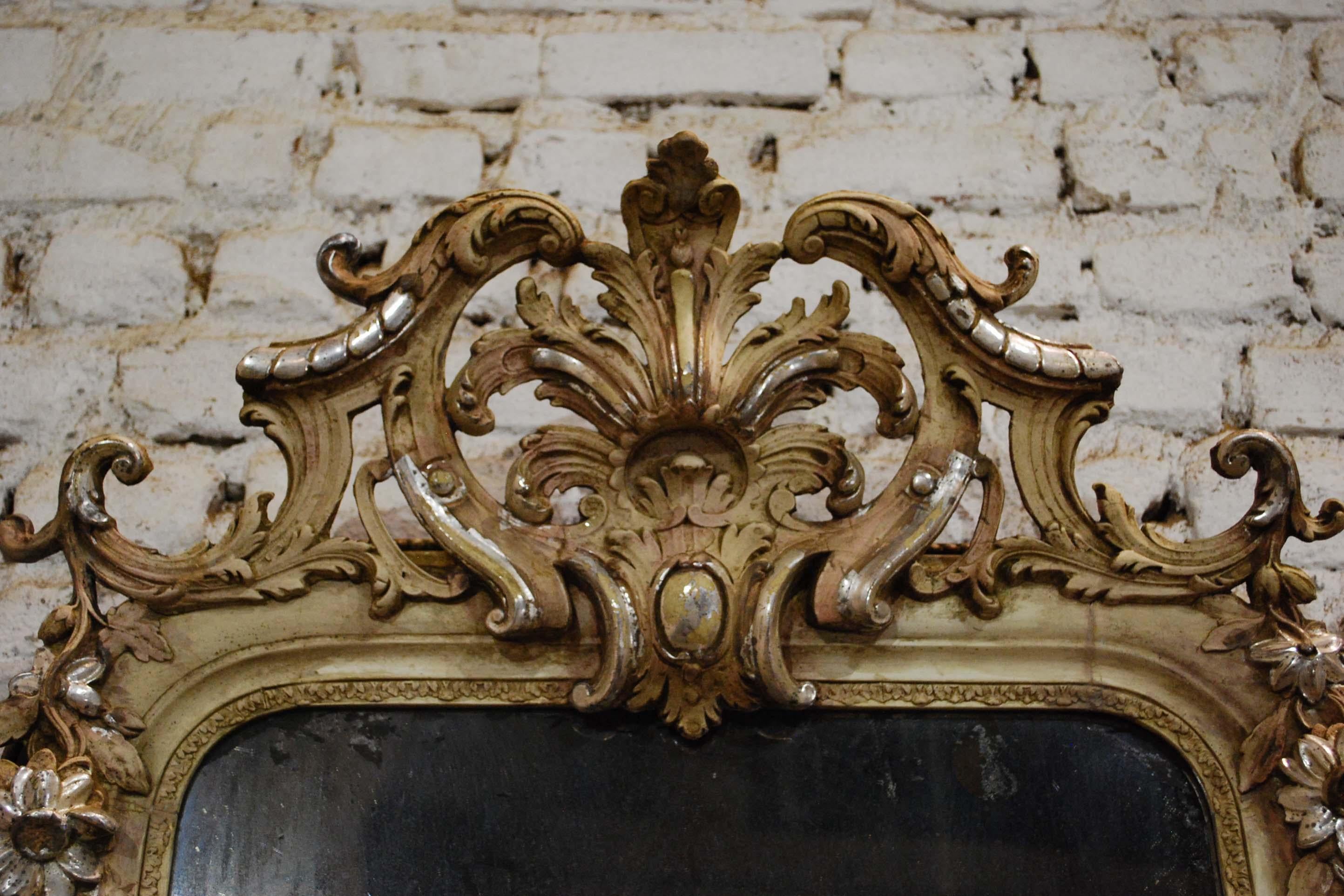 Gesso Antique French Silver Leaf Gilded Louis Philippe Mirror with an Ornate Crest