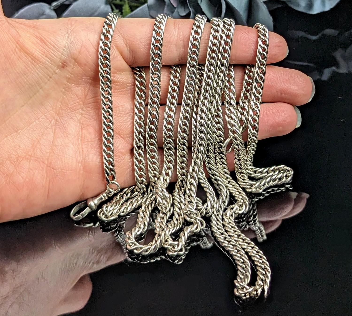 Antique French silver long chain necklace, longuard chain, 900 silver  8