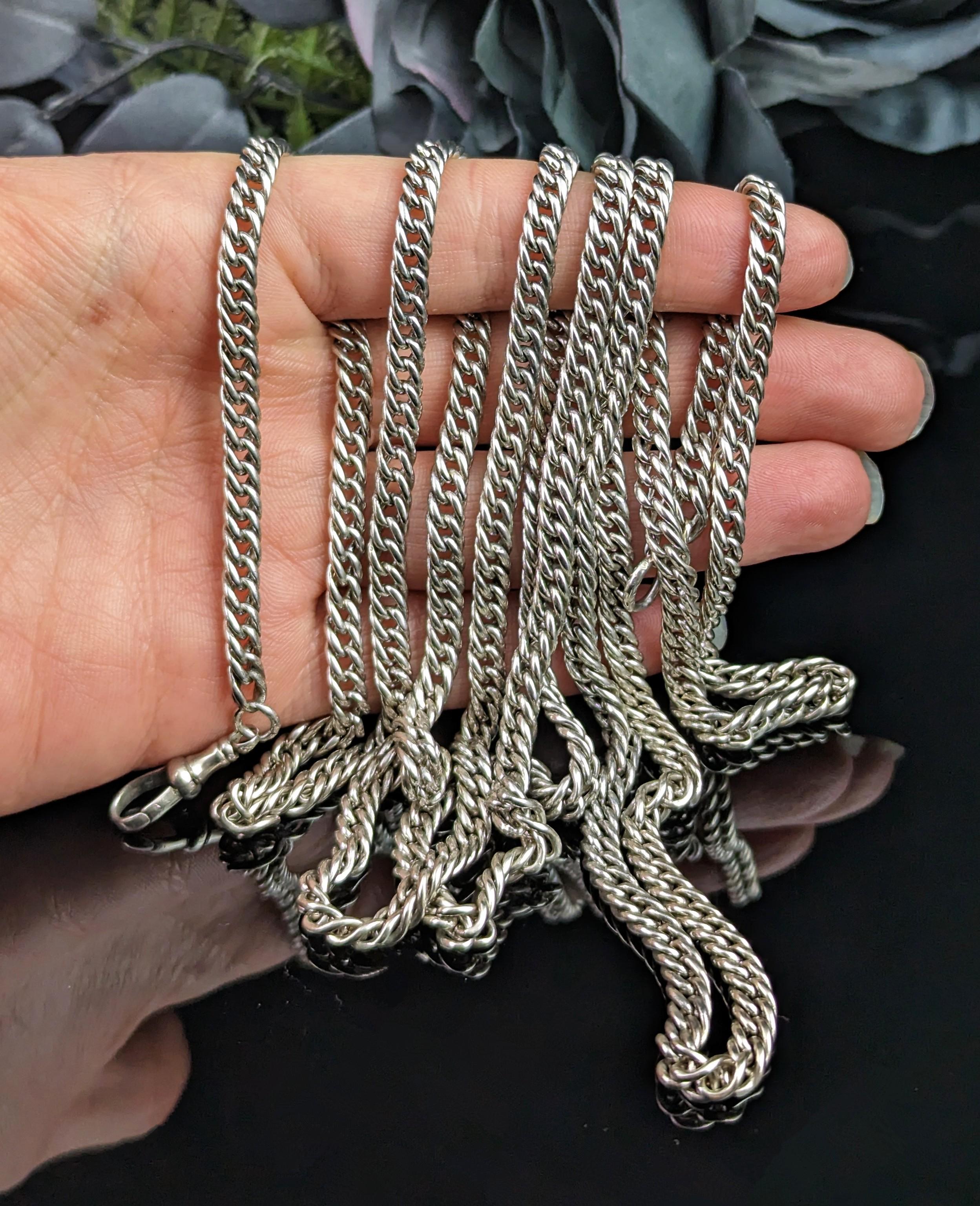 Antique French silver long chain necklace, longuard chain, 900 silver  9