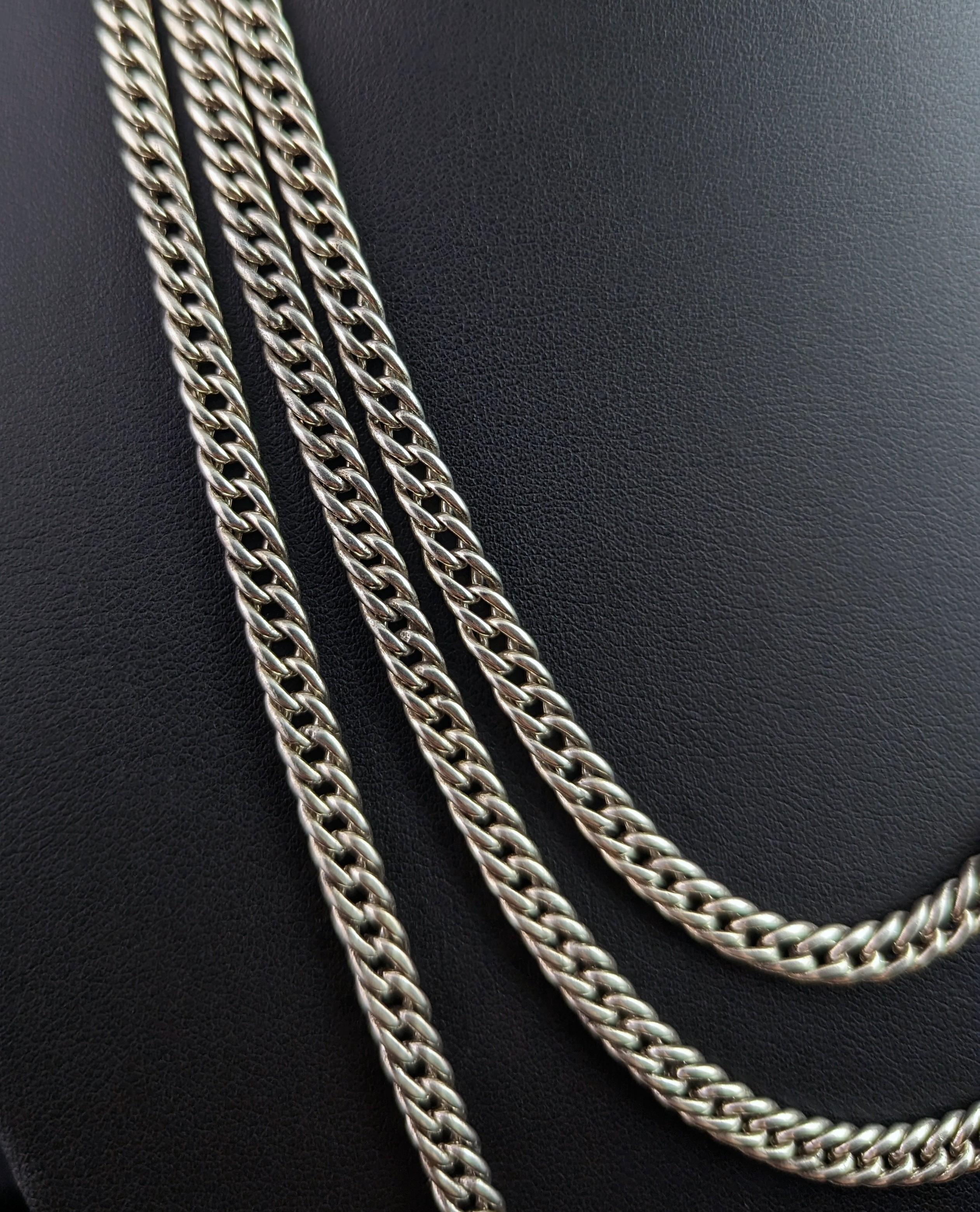Antique French silver long chain necklace, longuard chain, 900 silver  11