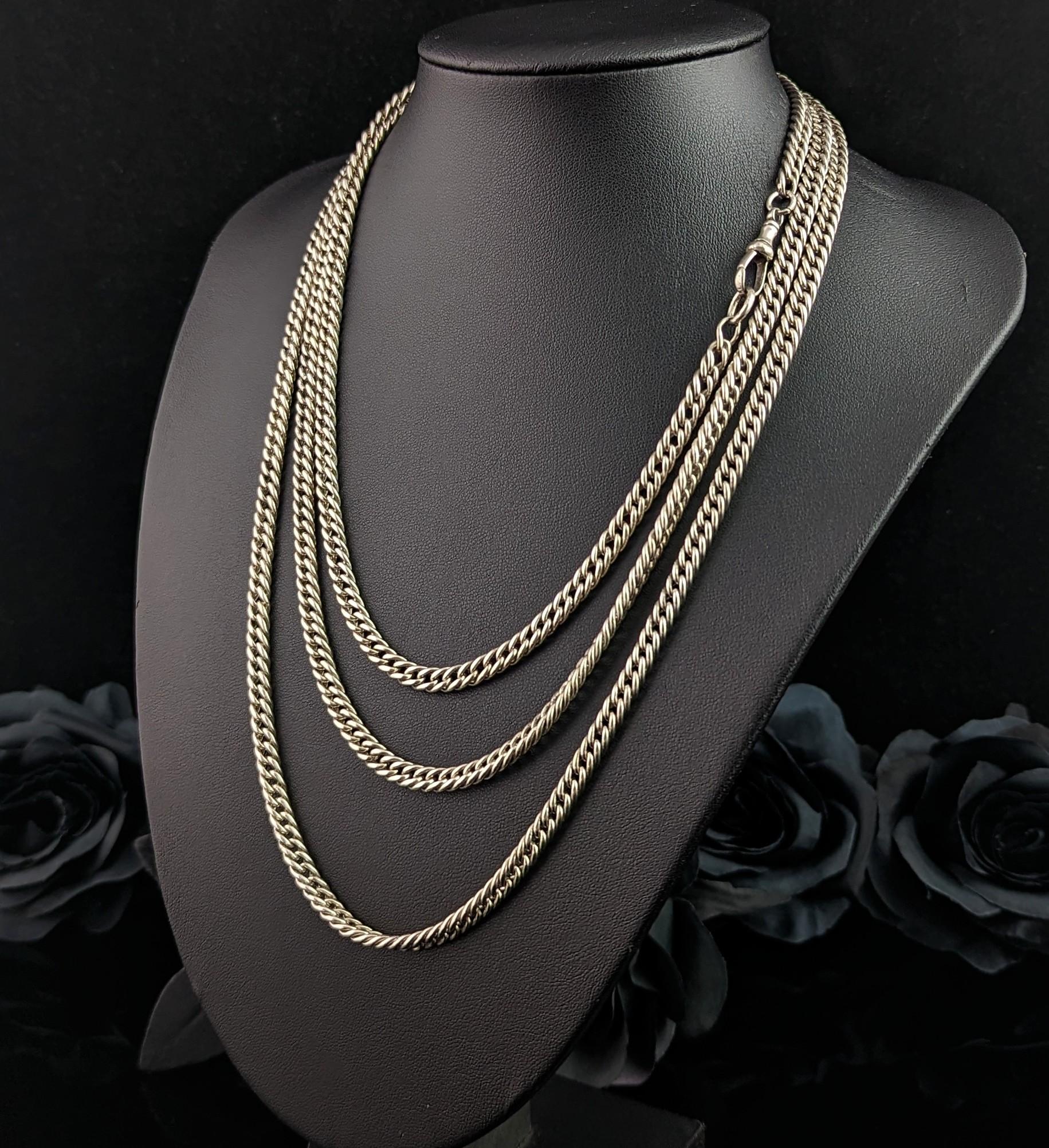 Art Nouveau Antique French silver long chain necklace, longuard chain, 900 silver 
