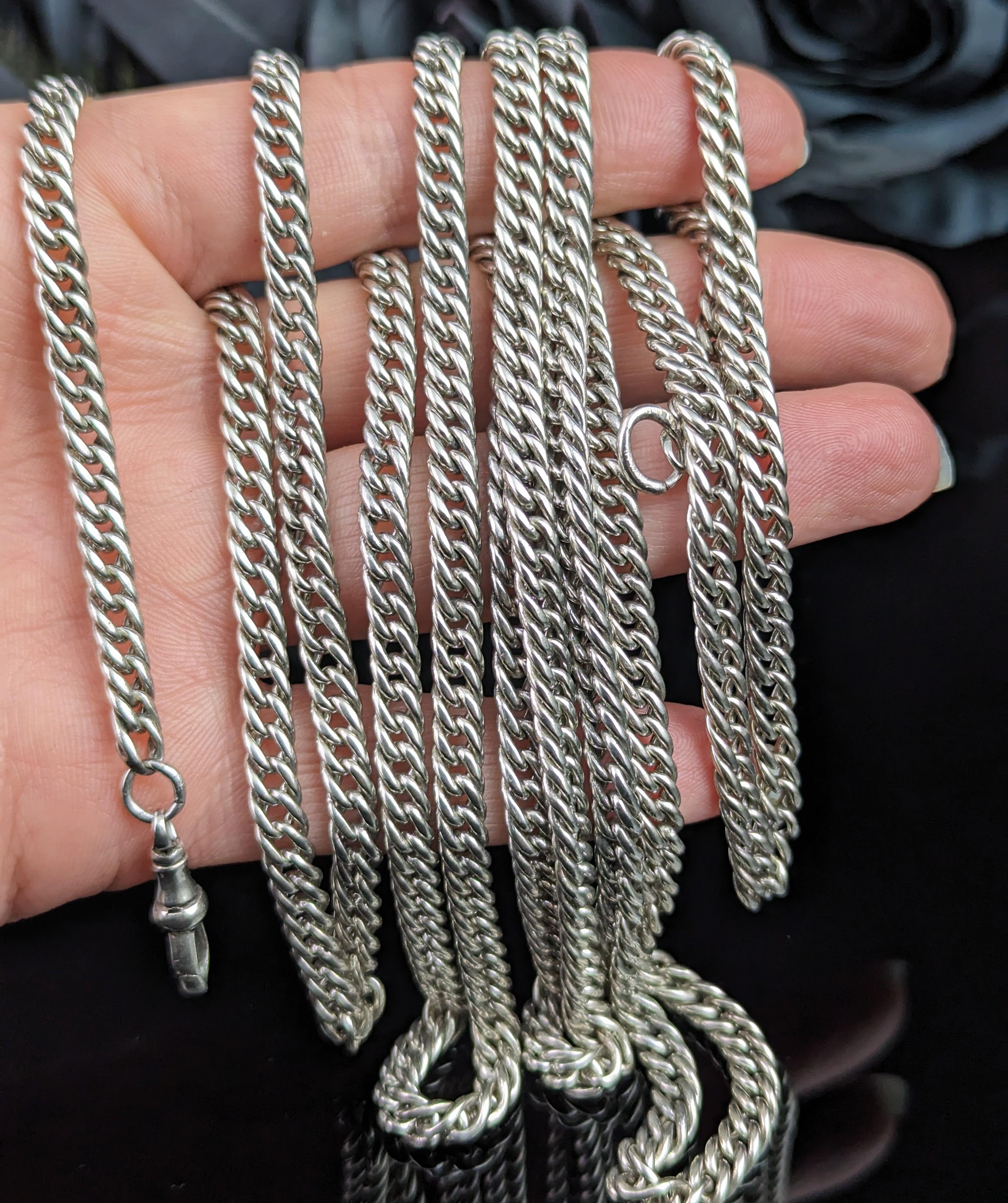 Antique French silver long chain necklace, longuard chain, 900 silver  1
