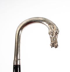 Antique French Silver Plate Horse Ebonized Walking Cane Stick Late 19th C