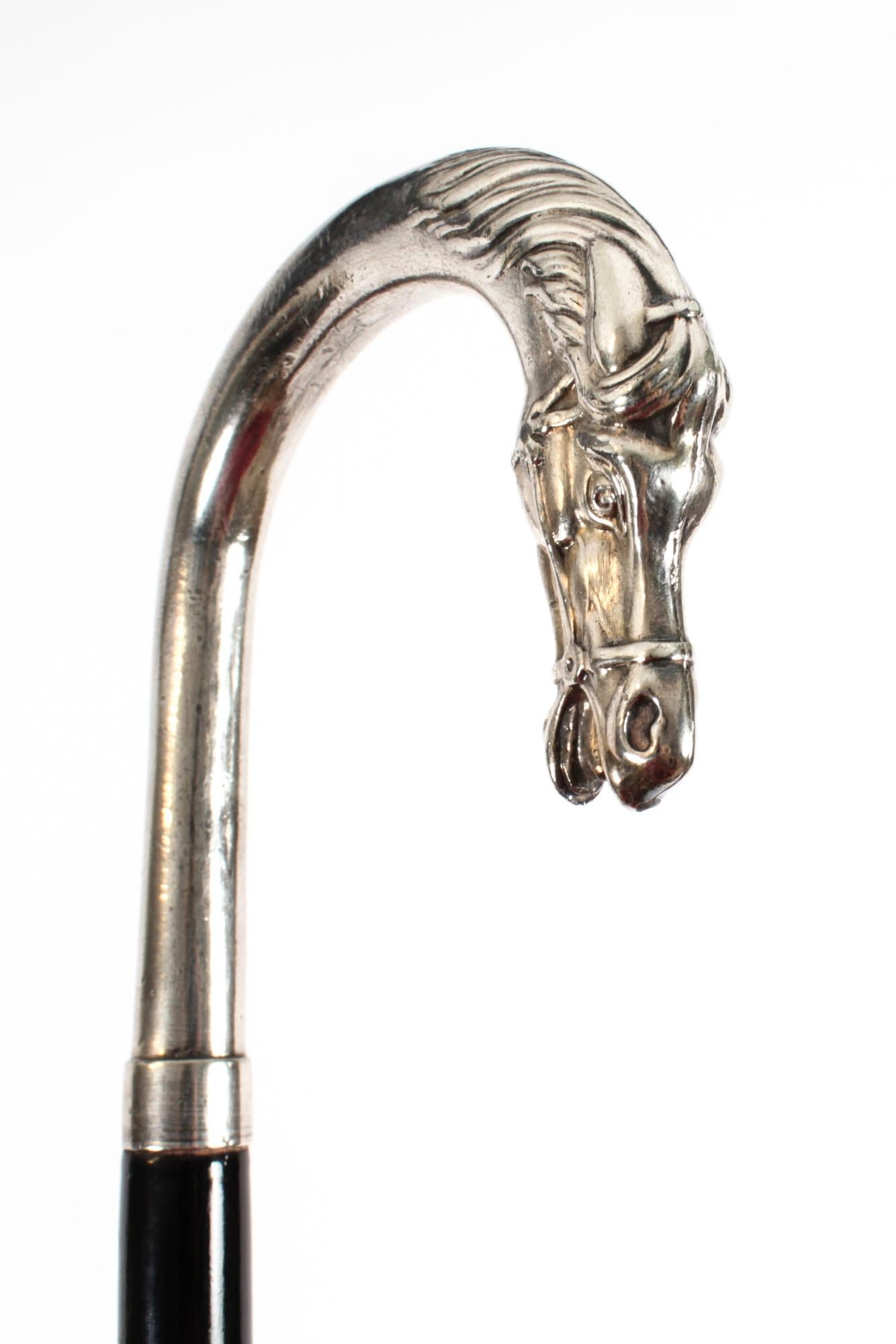 Art Nouveau Antique French Silver Plate Horse Ebonized Walking Cane Stick Late 19th C