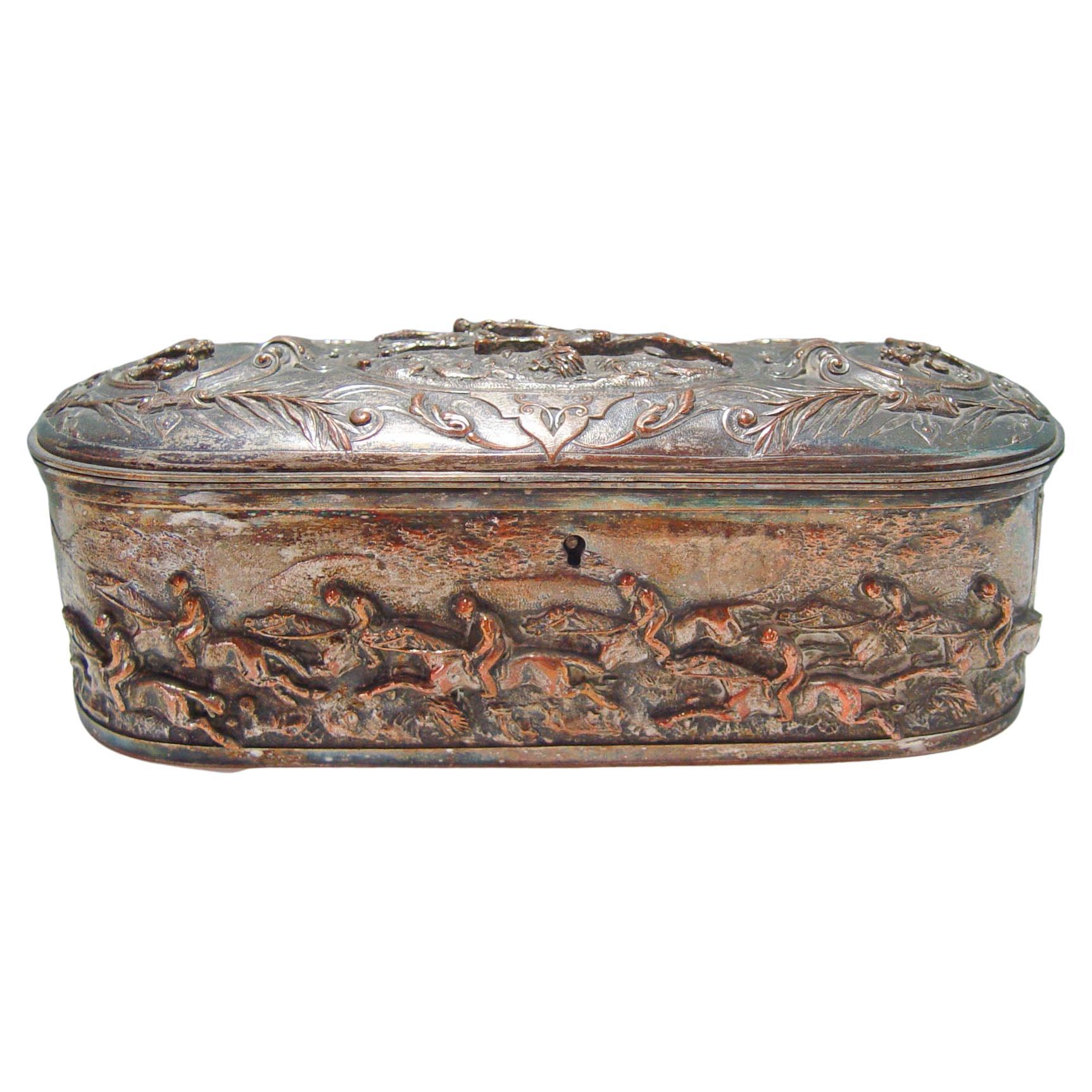 Antique French Silver Plate Horse Racing Jewelry Box For Sale