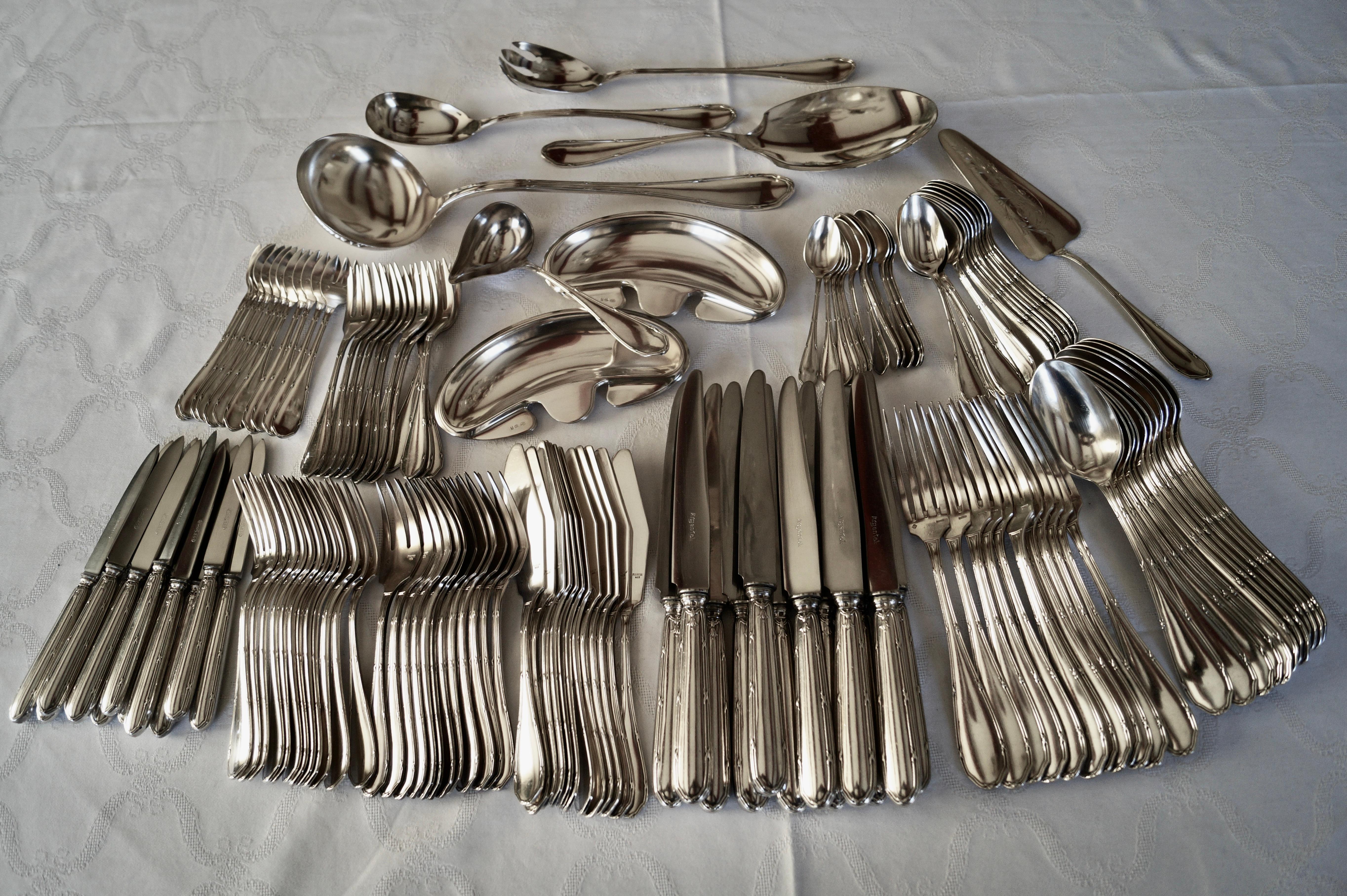 Metal Antique french Silver Plated ARGENTAL Cutlery Flatware set of 146 pieces 1920's For Sale