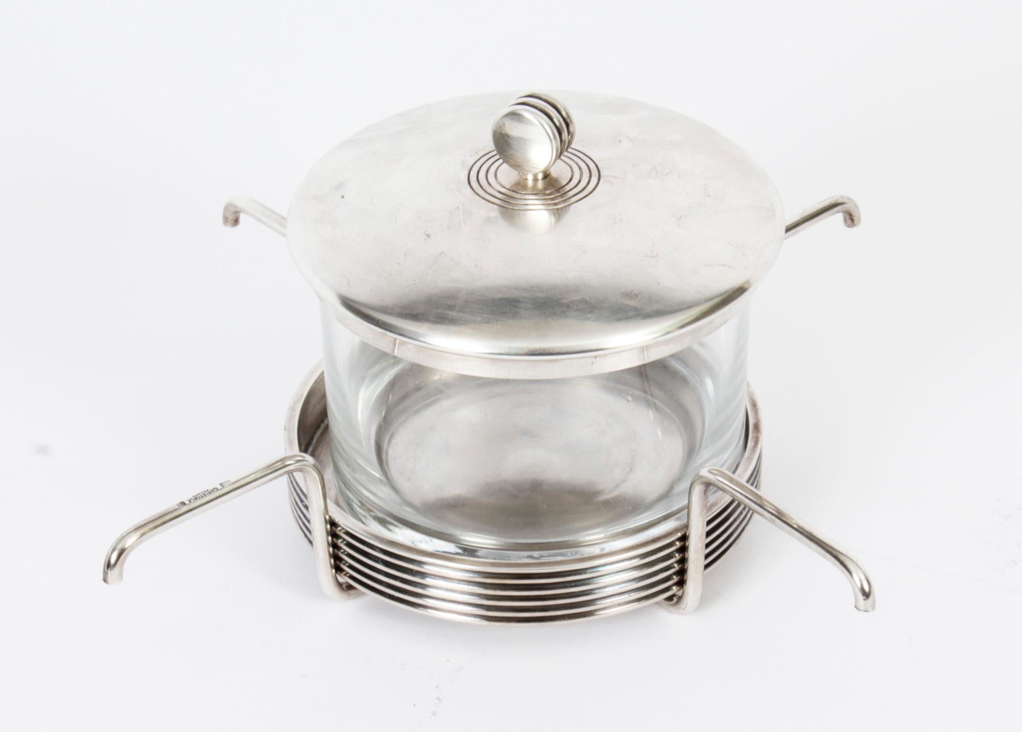 This is a high quality French Art Deco style silver plated caviar serving set bearing the makers mark of the highly sought after French silversmith and retailer Christofle, part of the K+T Collection which was designed by Adam D. Tiney & Thomas