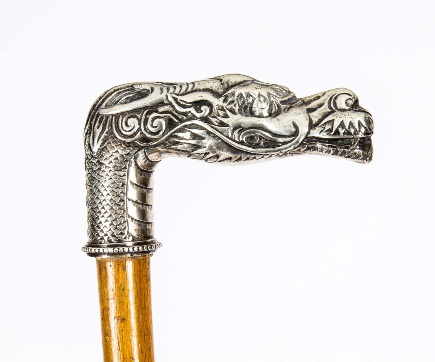 This is a fantastic antique French silver plated Dragon head and Malacca walking stick, circa 1880 in date.

It has a very decorative silver-plated dragon head pommel which is cast with great attention to detail with a sturdy Malacca tapering