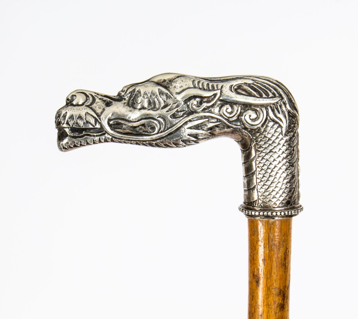 Antique French Silver Plated Dragon head Walking Cane Stick, 19th Century In Good Condition In London, GB