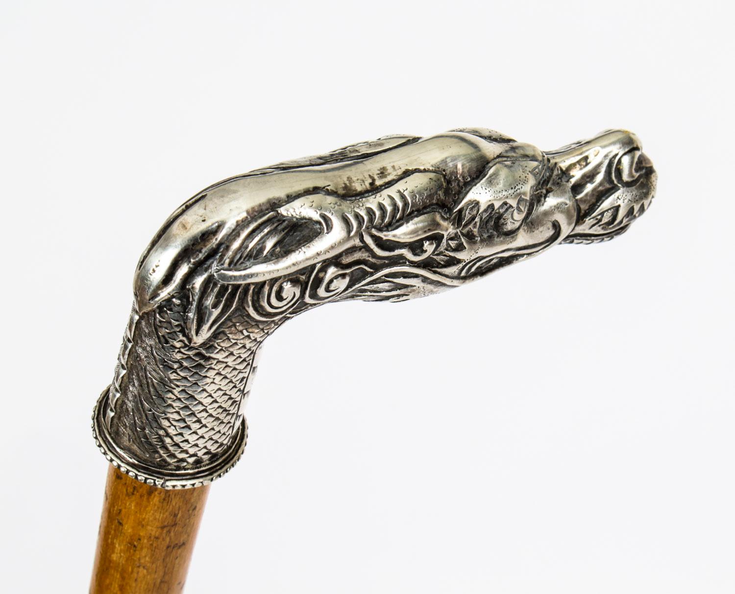 Late 19th Century Antique French Silver Plated Dragon head Walking Cane Stick, 19th Century