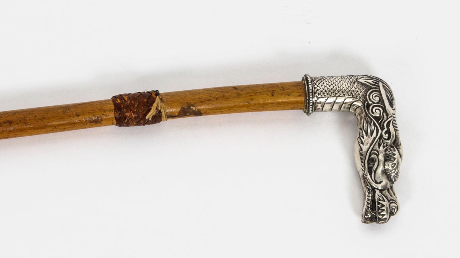 Antique French Silver Plated Dragon head Walking Cane Stick, 19th Century 3