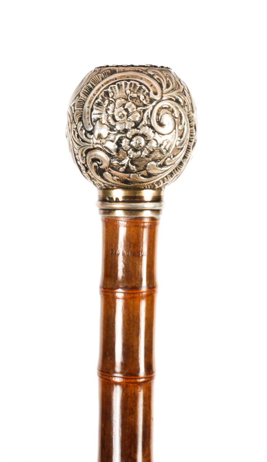Late 19th Century Antique French Silver Plated Long Walking Cane Stick, 19th Century
