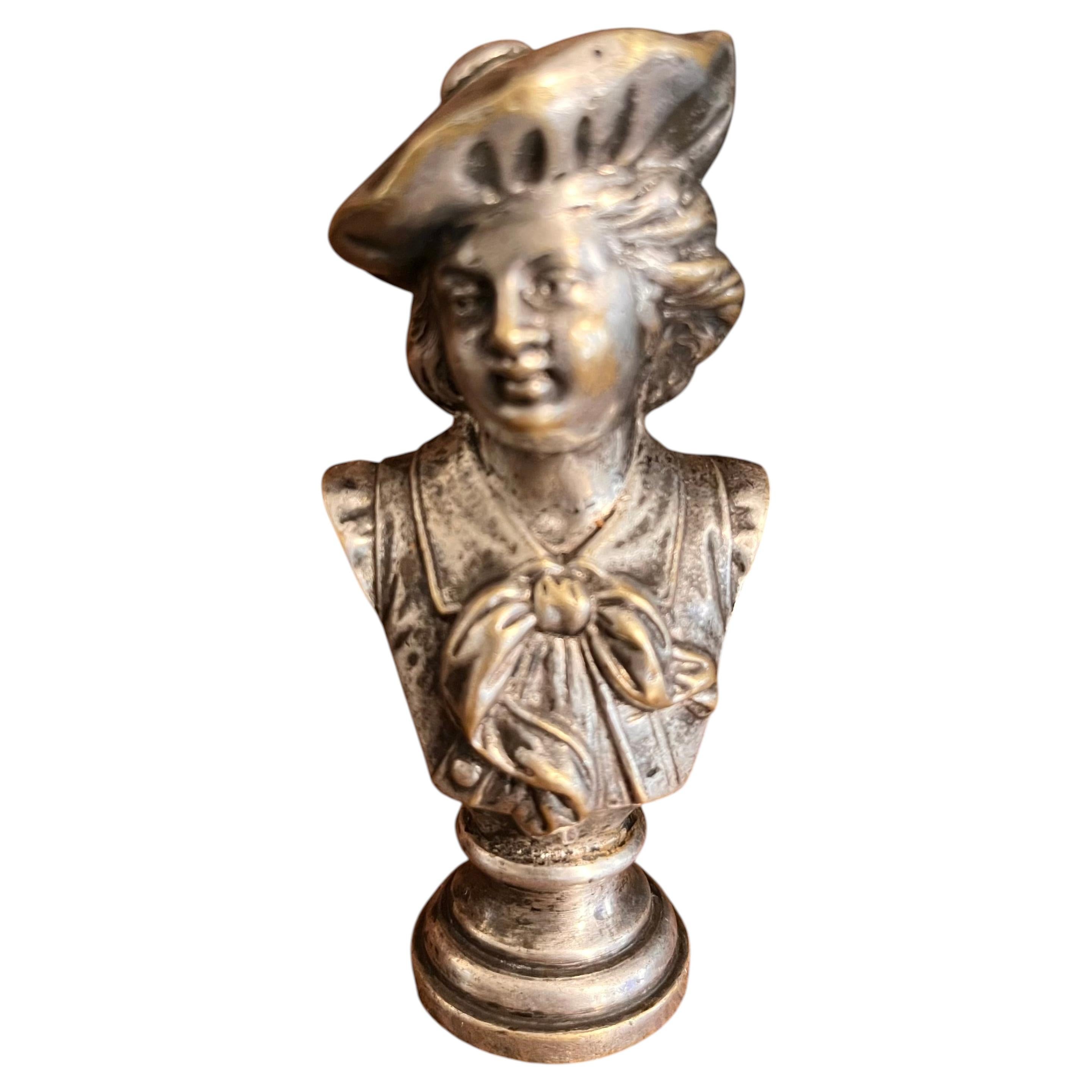 Antique French Silver Plated Wax Seal Figural Bust Boy Wearing a Beret For Sale