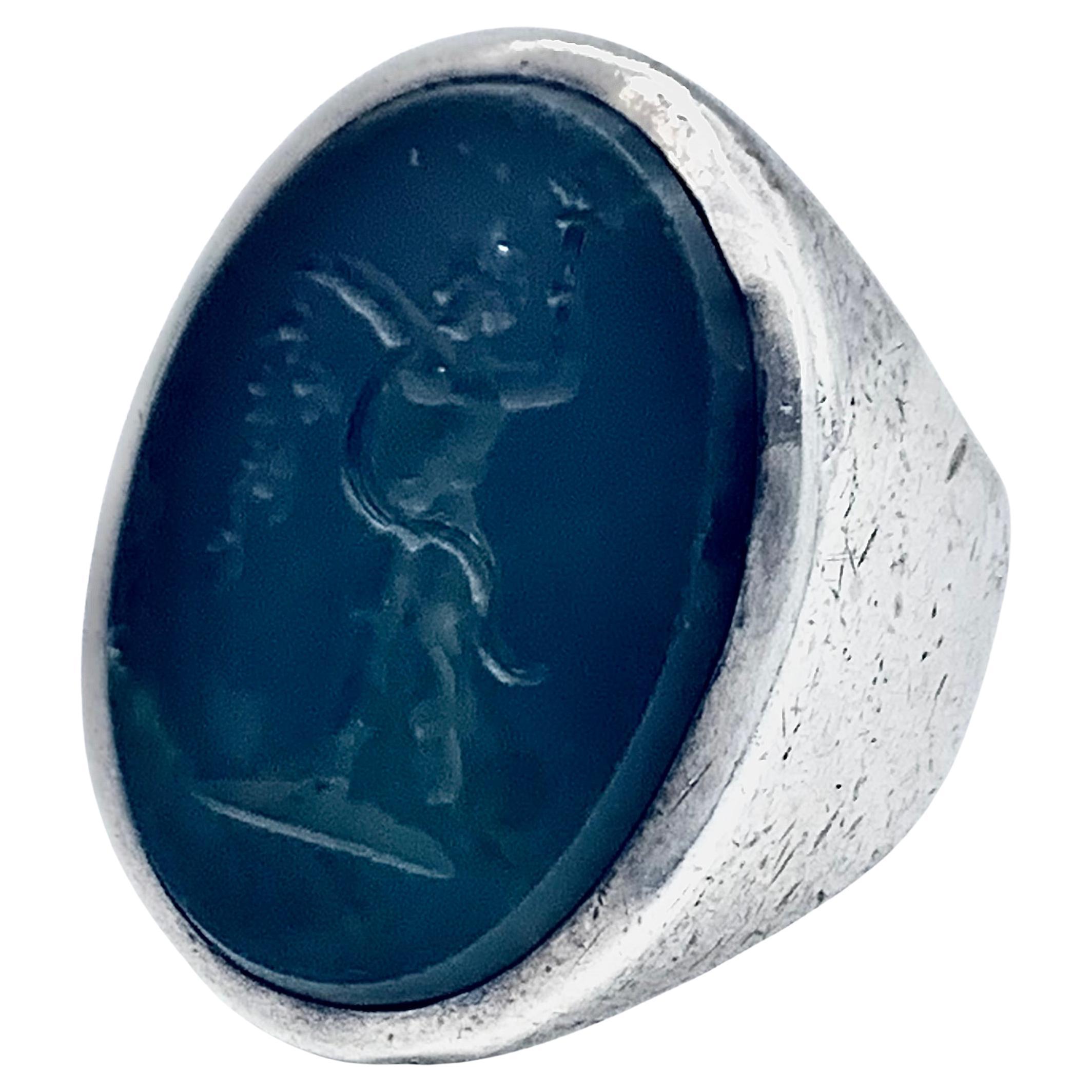 Antique French Silver Ring Agate Intaglio of Follower of Dyonysos God of Wine For Sale