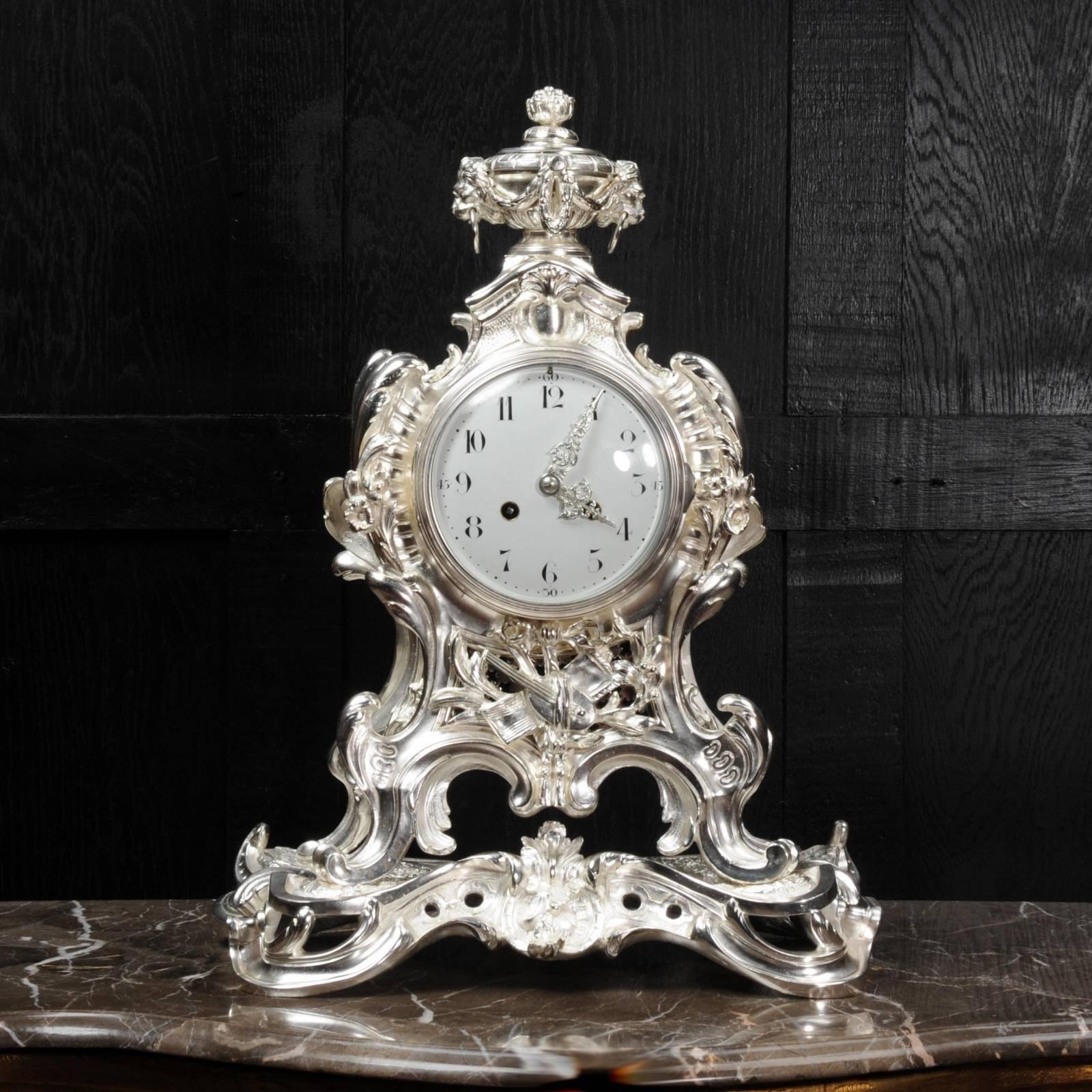 Silvered Antique French Silver Rococo Clock ~ Music