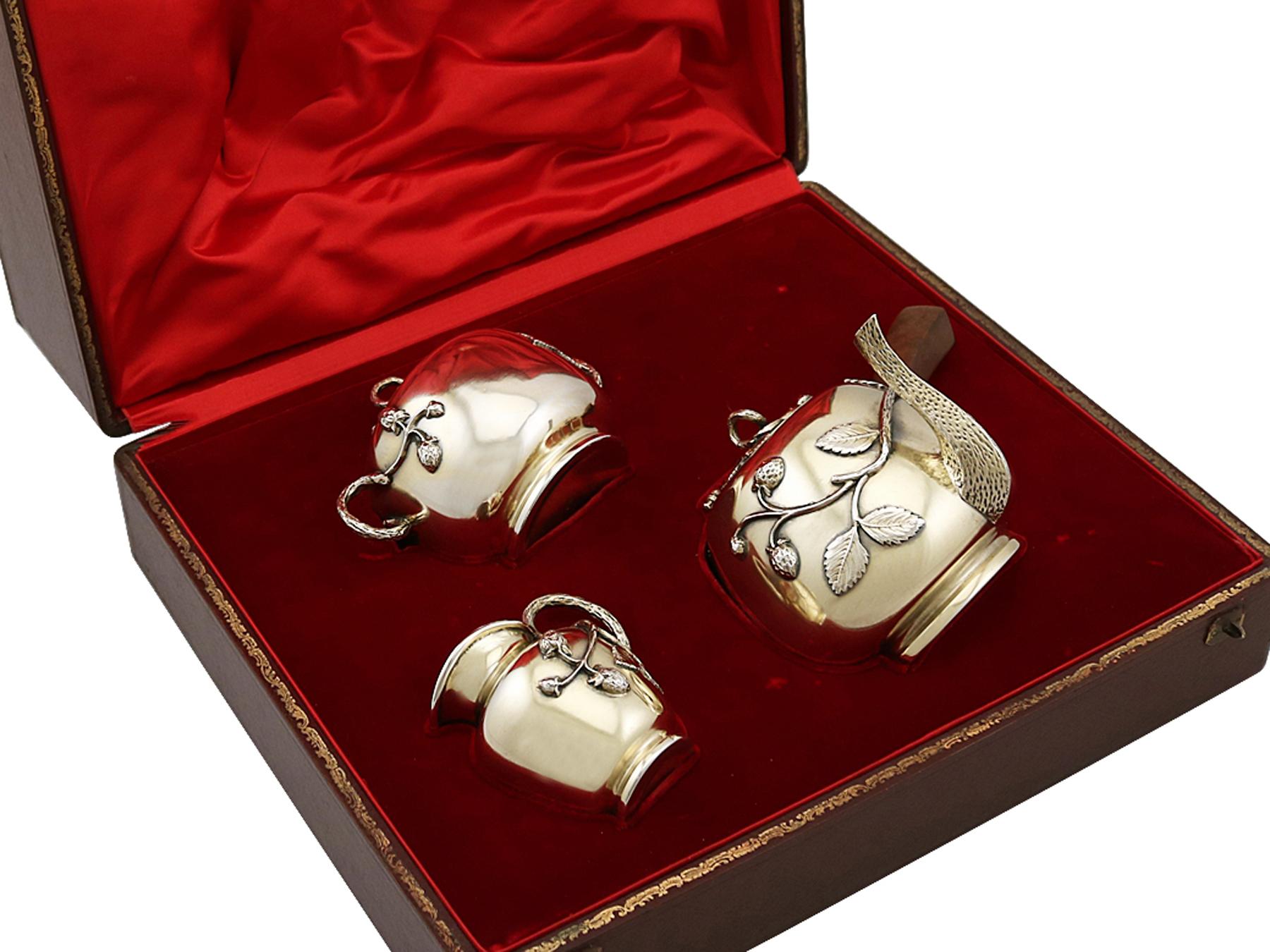 A exceptional, fine and impressive antique French 950 standard silver three-piece tea set; an addition to our silver teaware collection.

This exceptional antique French silver tea set consists of a teapot, cream jug and covered sugar bowl.

Each
