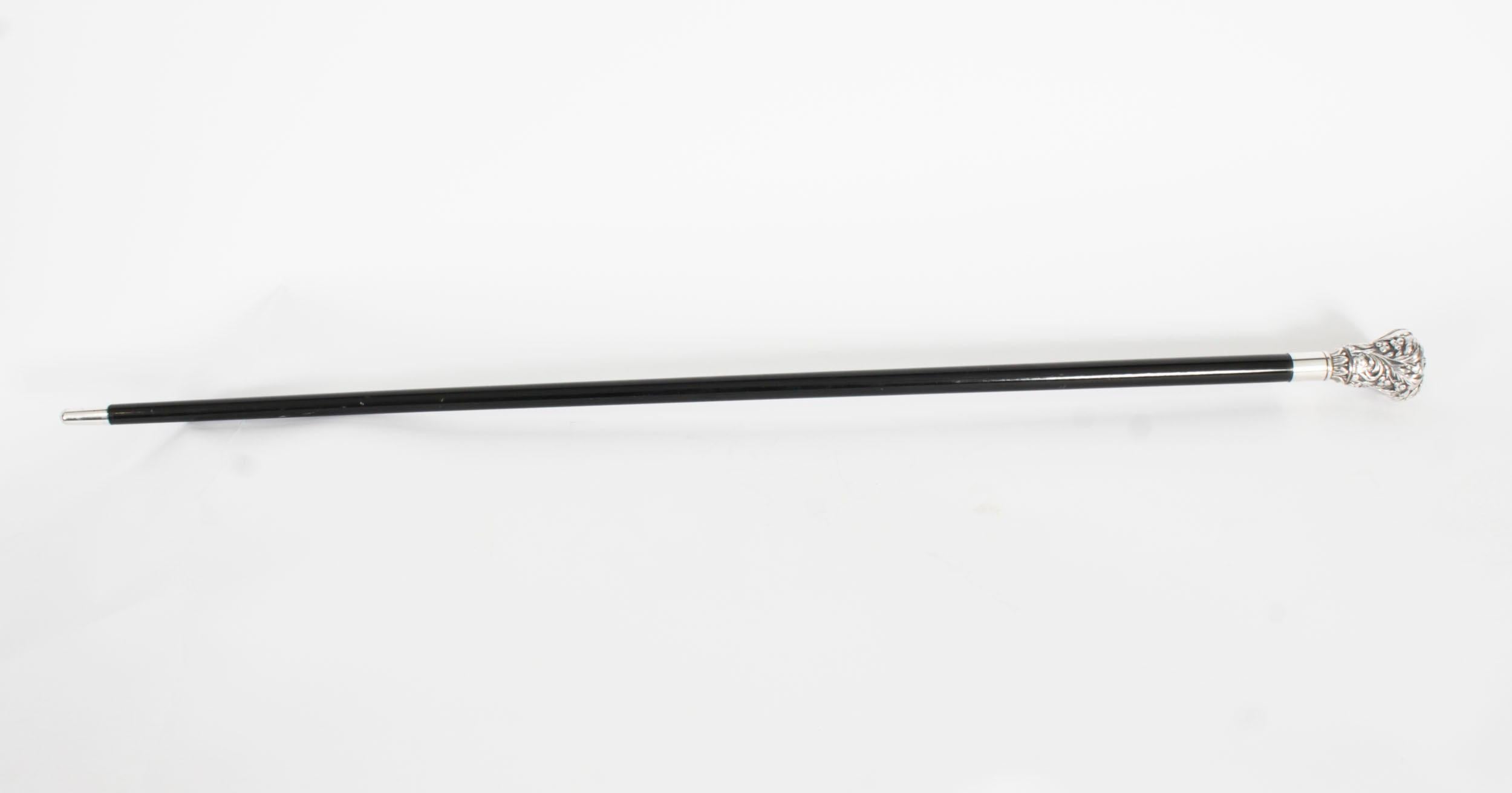 This is a beautiful antique French Art Noveau silver pommel handled walking stick, circa 1890 in date.

The striking stick features an ornate silver handle featuring superb leaf cast decoration on a gently tapering shaft.

Add an extravagant element