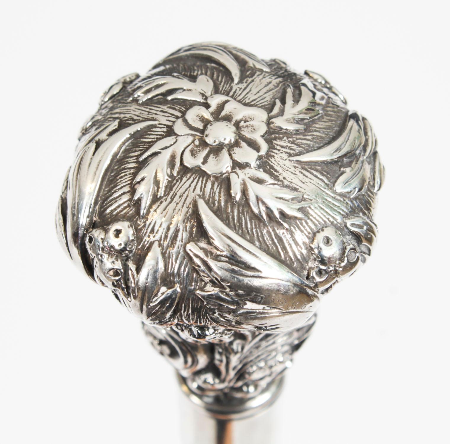 Antique French Silver Topped Walking Stick Cane 19th Century 94cm / 37 inches In Good Condition For Sale In London, GB