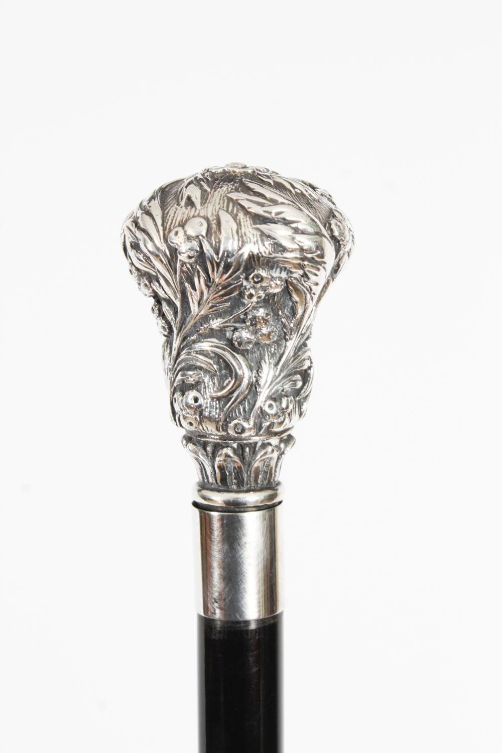 Antique French Silver Topped Walking Stick Cane 19th Century 94cm / 37 inches For Sale 1
