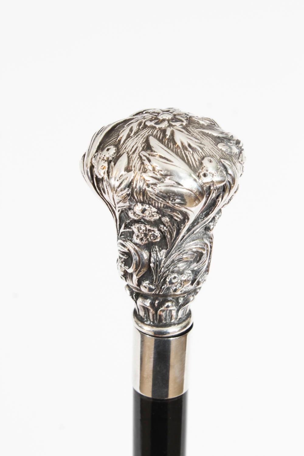 Antique French Silver Topped Walking Stick Cane 19th Century 94cm / 37 inches For Sale 4
