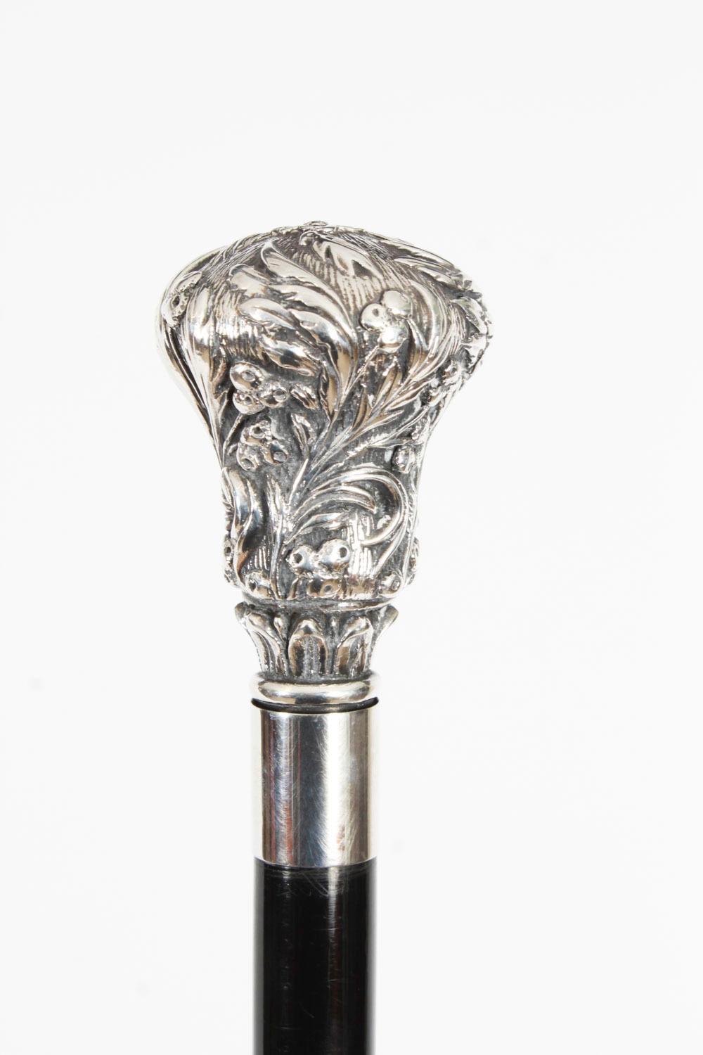 Antique French Silver Topped Walking Stick Cane 19th Century 94cm / 37 inches For Sale 5
