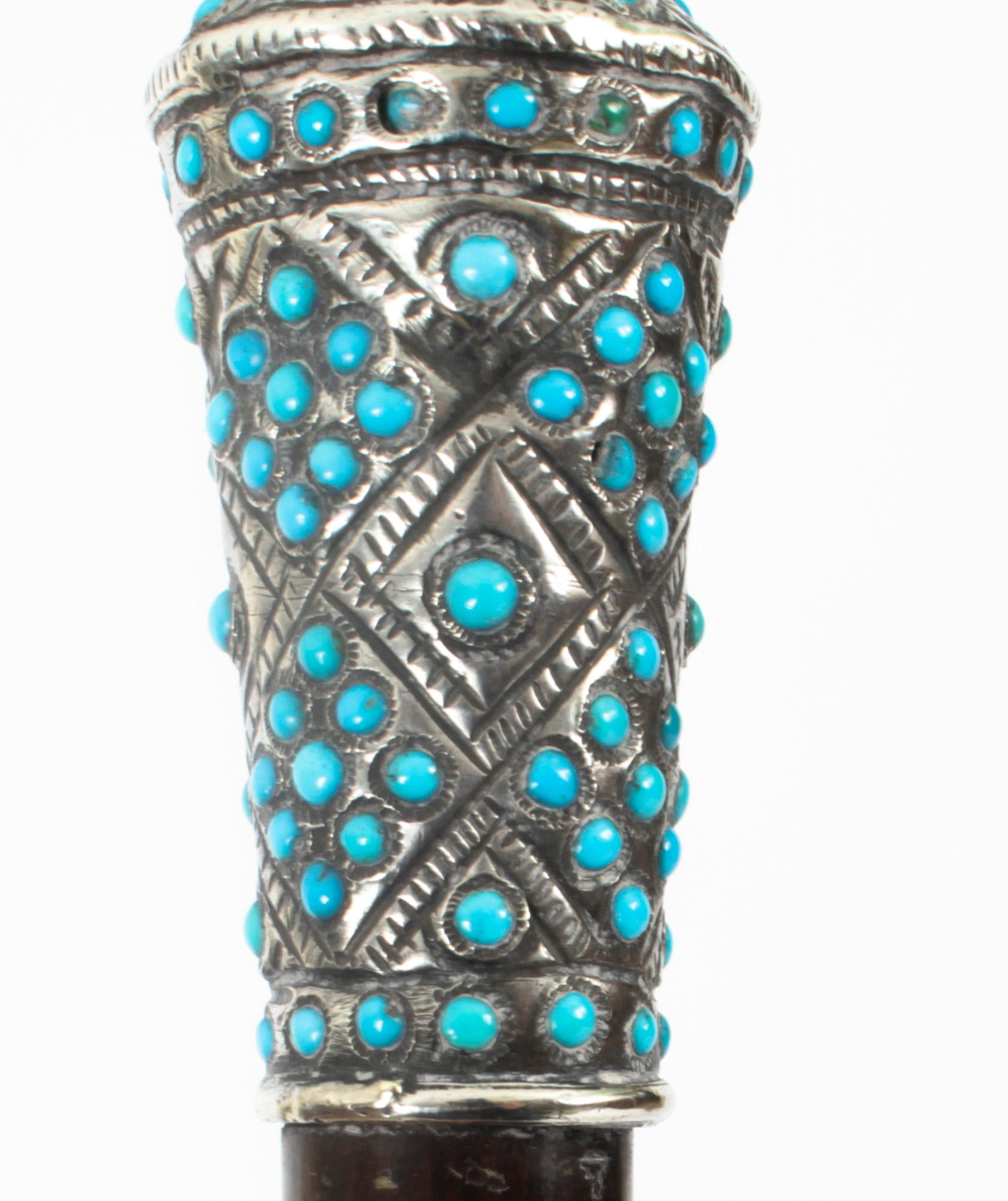 Antique French Silver Turquoise Walking Cane Stick 19th Century In Good Condition In London, GB