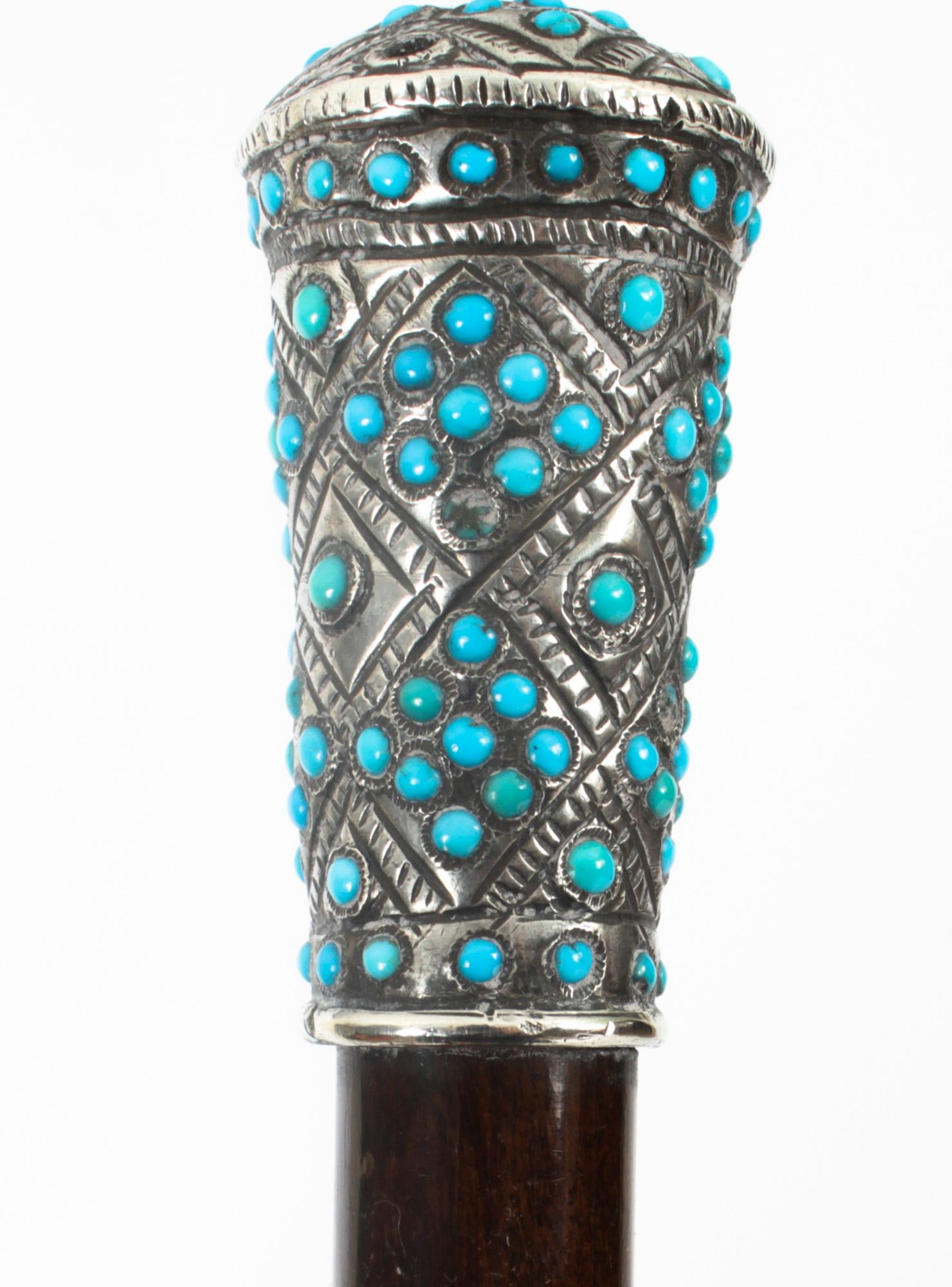 Late 19th Century Antique French Silver Turquoise Walking Cane Stick 19th Century