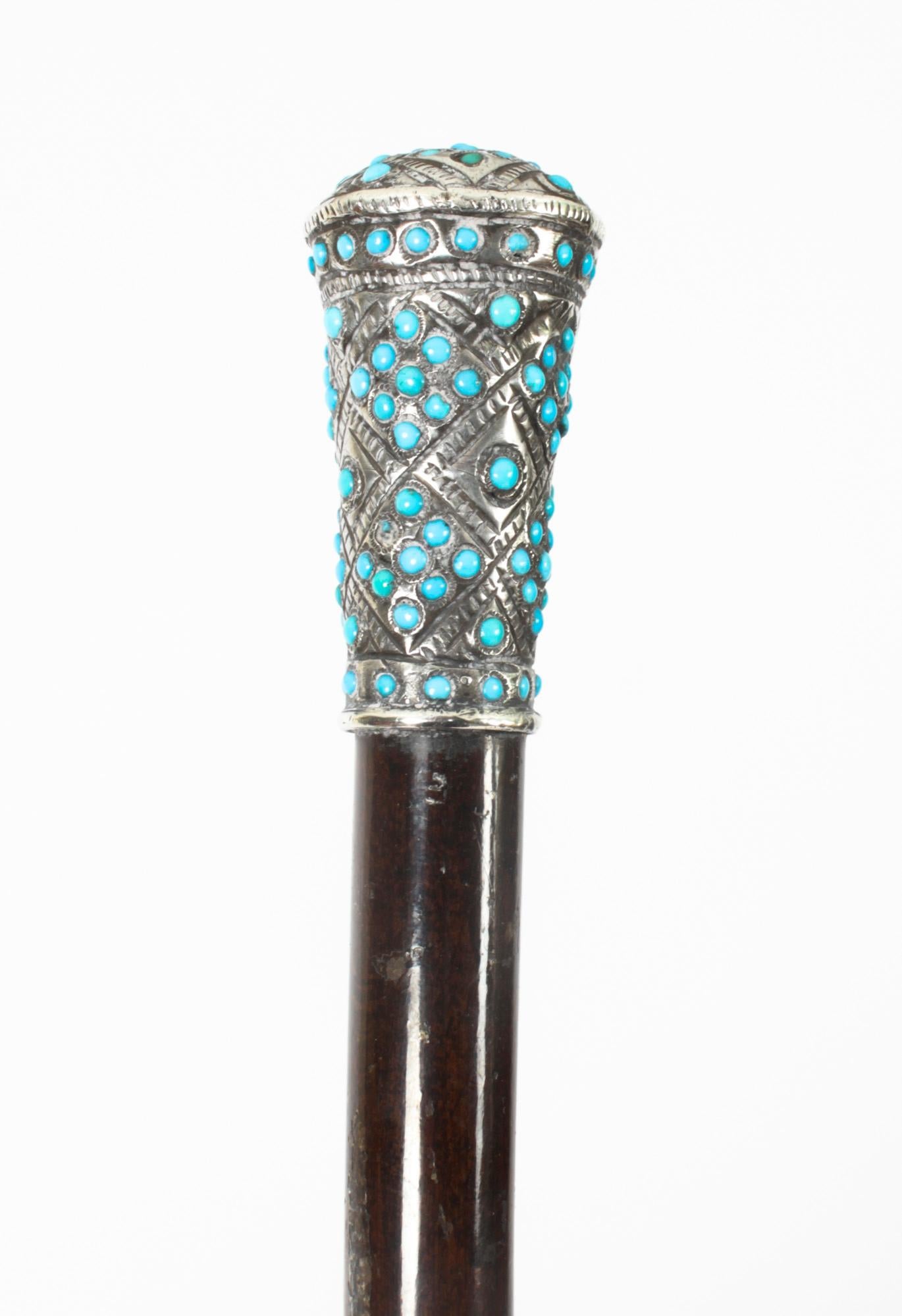 Antique French Silver Turquoise Walking Cane Stick 19th Century 2