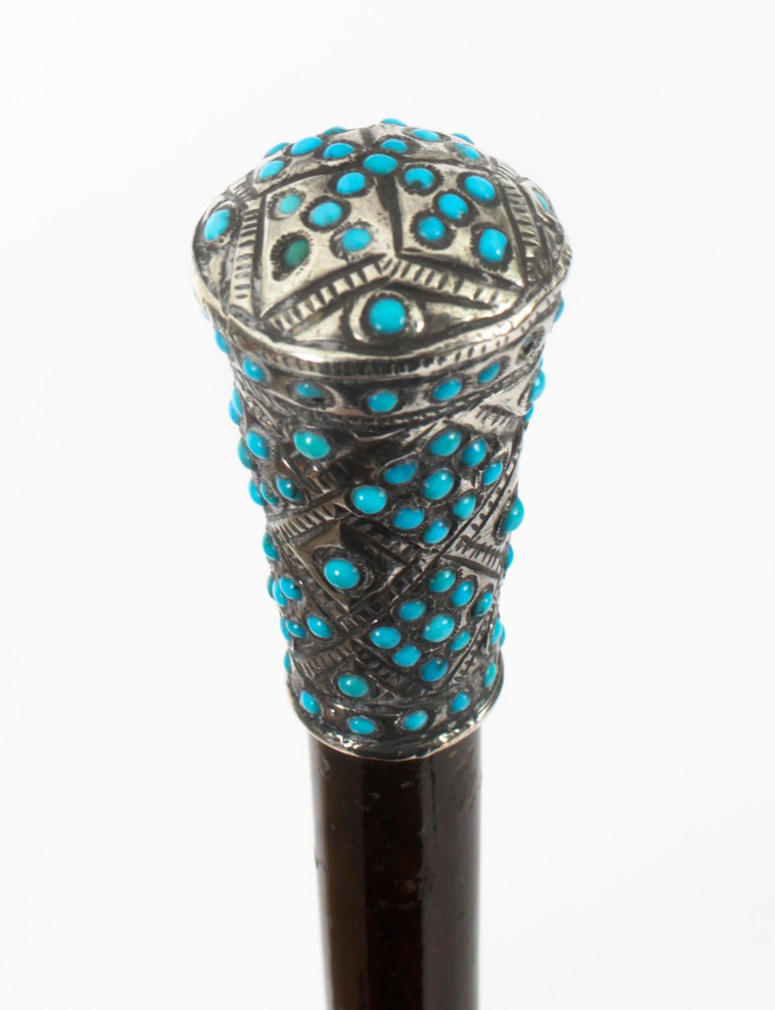 Antique French Silver Turquoise Walking Cane Stick 19th Century 3