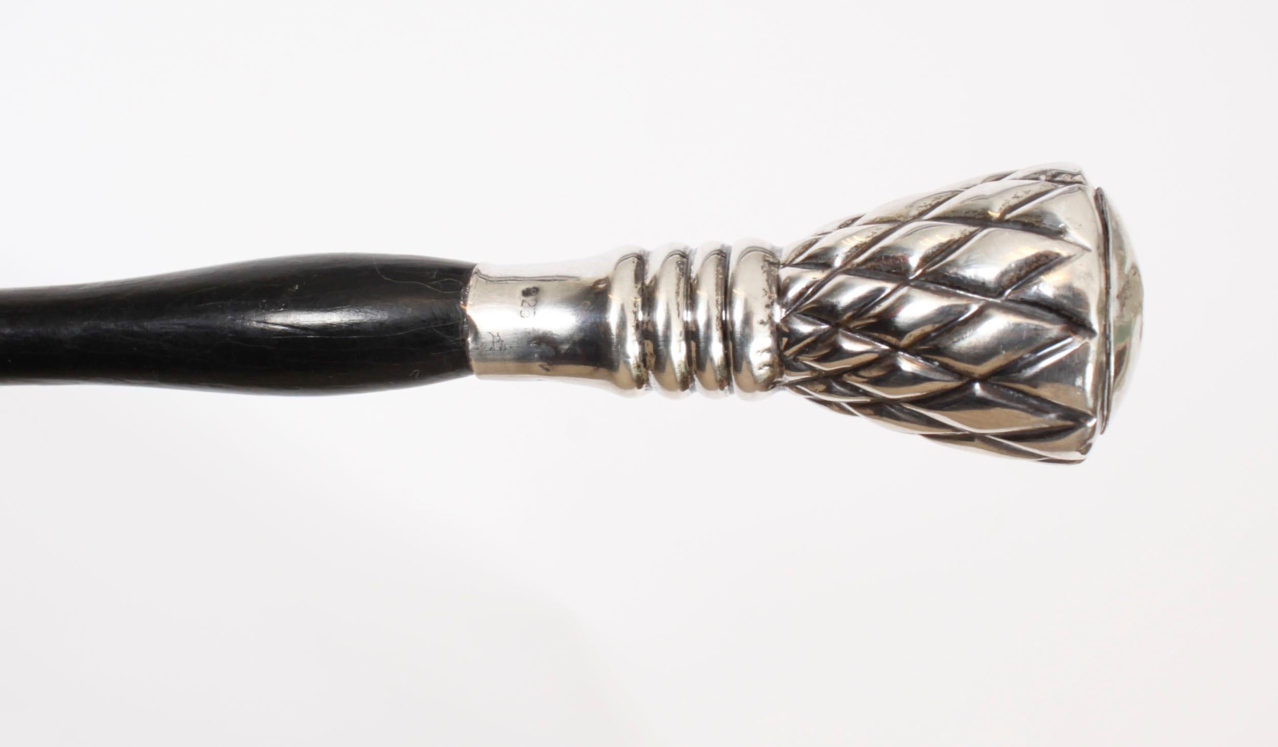 This is a beautiful antique sterling silver pommel walking stick circa 1880 in date

The striking stick features an ornate silver chequered pommel on a gentle tapering ebonized shaft with a silver sleeve and it has its original brass ferrule.

Add