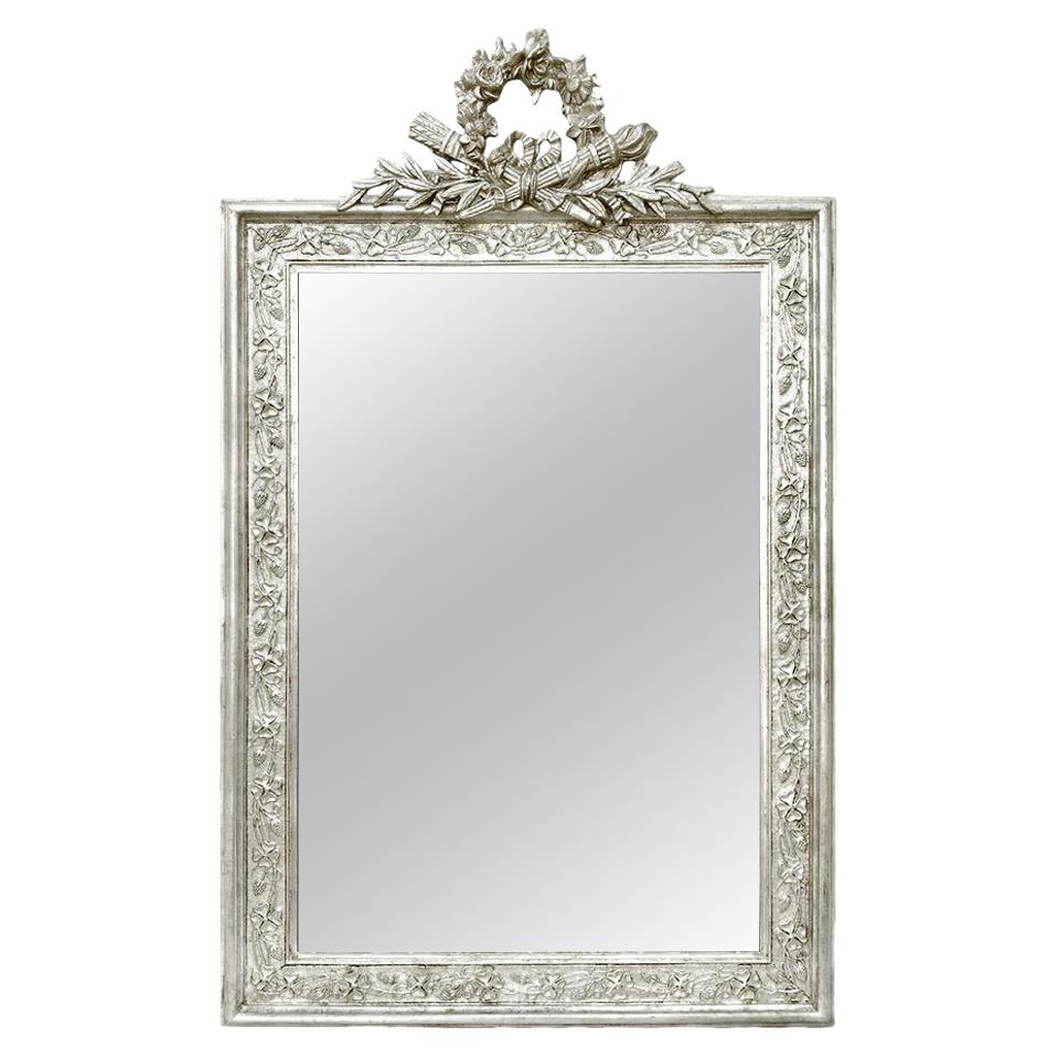 Antique French Silver Wall Mirror with Pediment, circa 1900