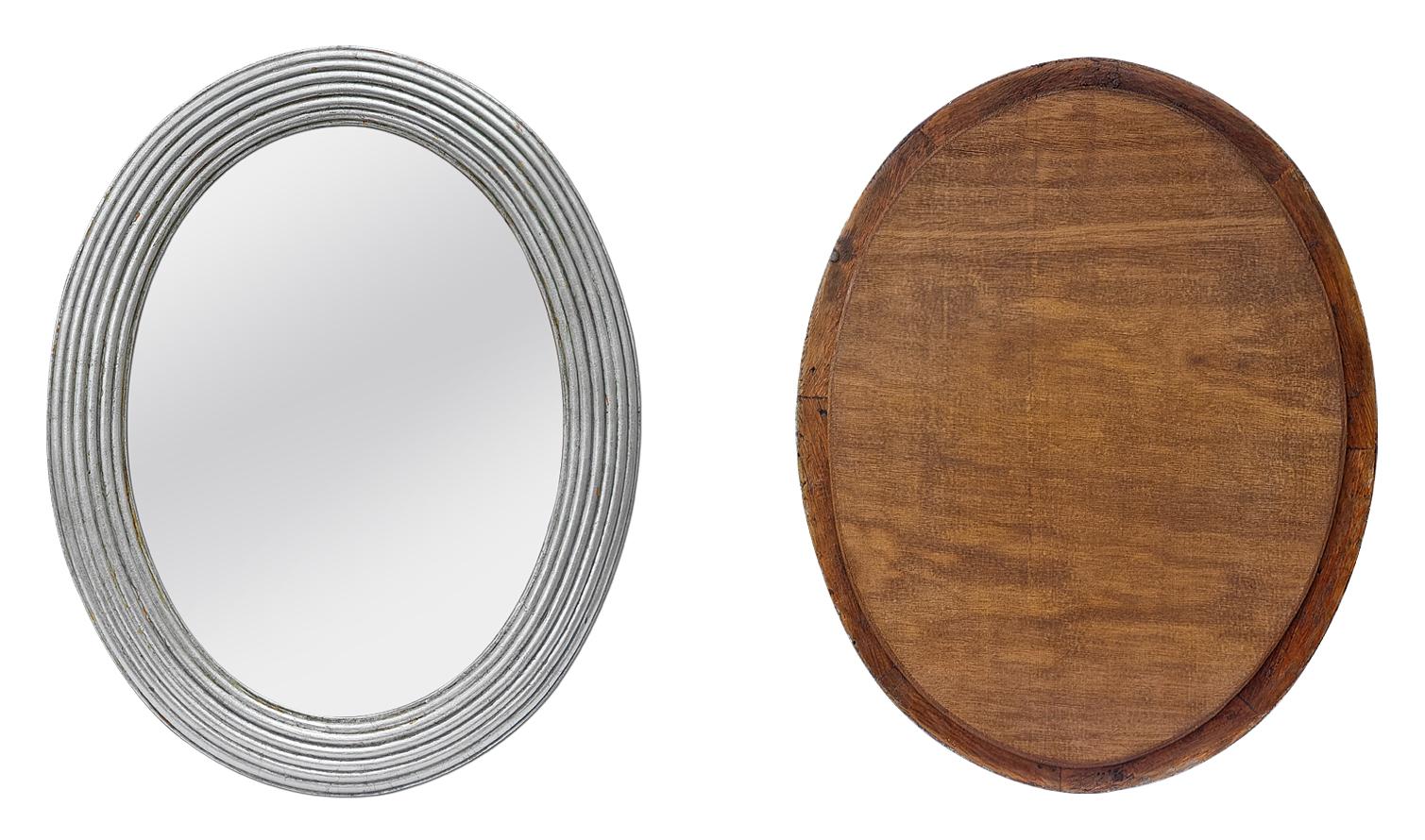 Antique French Silver Wood Oval Mirror, Periodo Art Deco, circa 1930 mediados del siglo XX en venta