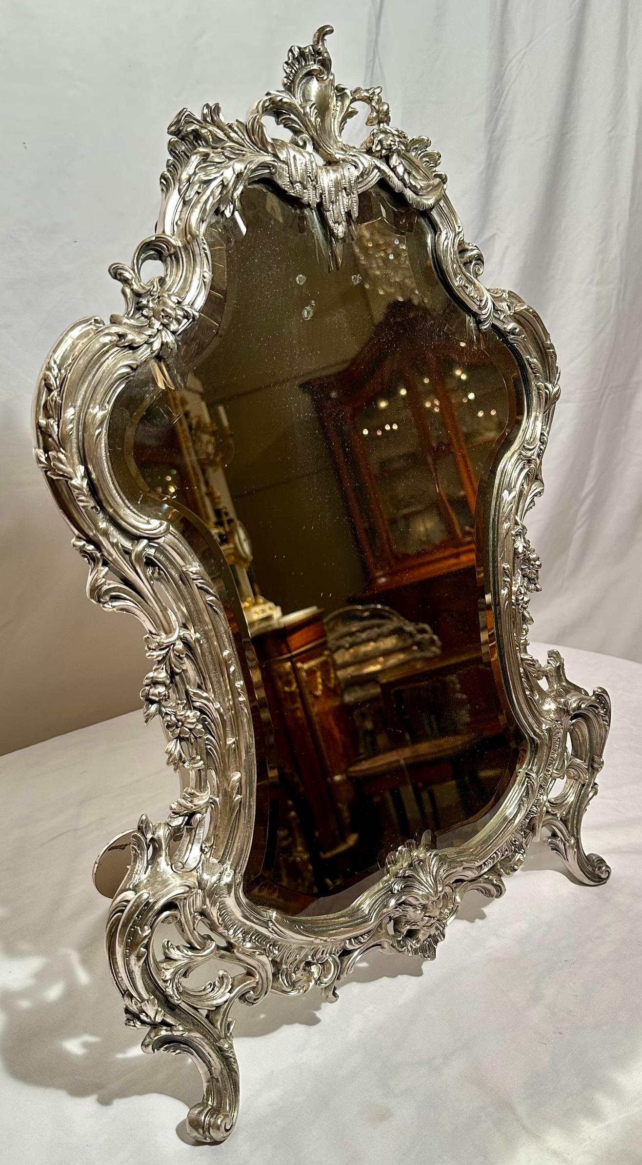 Exquisite Antique French Silvered Bronze Dresser Mirror with Beveling, Circa 1870-1880.