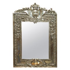 Antique French Silvered Bronze Mirror with the Royal Coat of Arms Crest, C. 1900