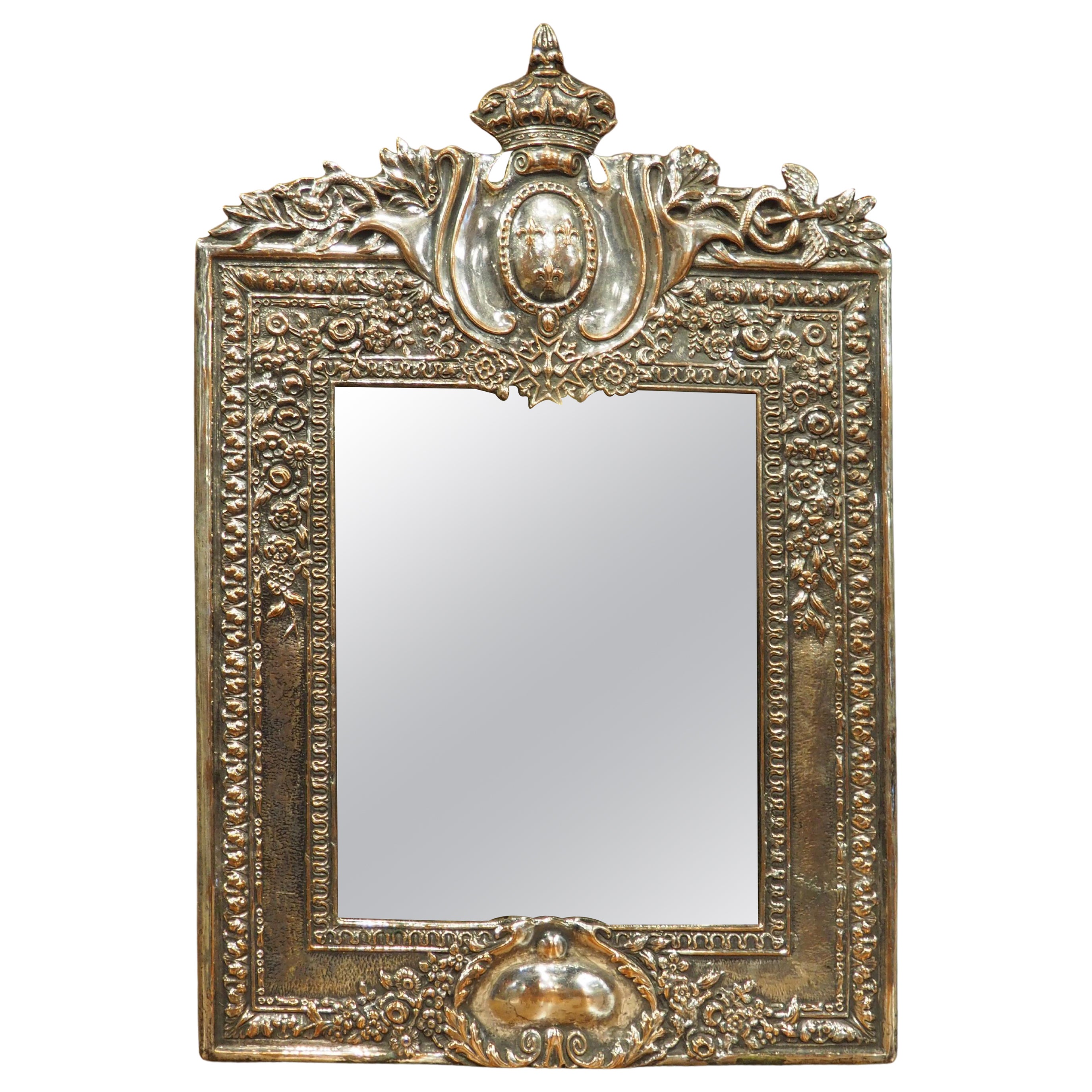 Antique Mirror francese in bronzo argentato con stemma reale, C.C. 1900