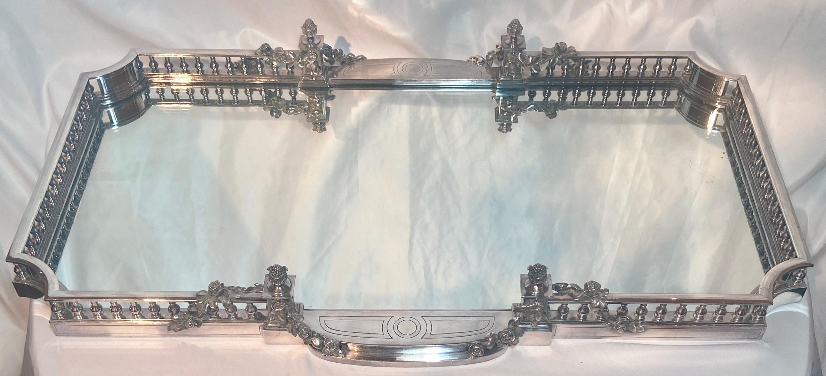 Antique French silvered bronze mirrored plateau in the form of a garden terrace made by Parisian Silversmith, 