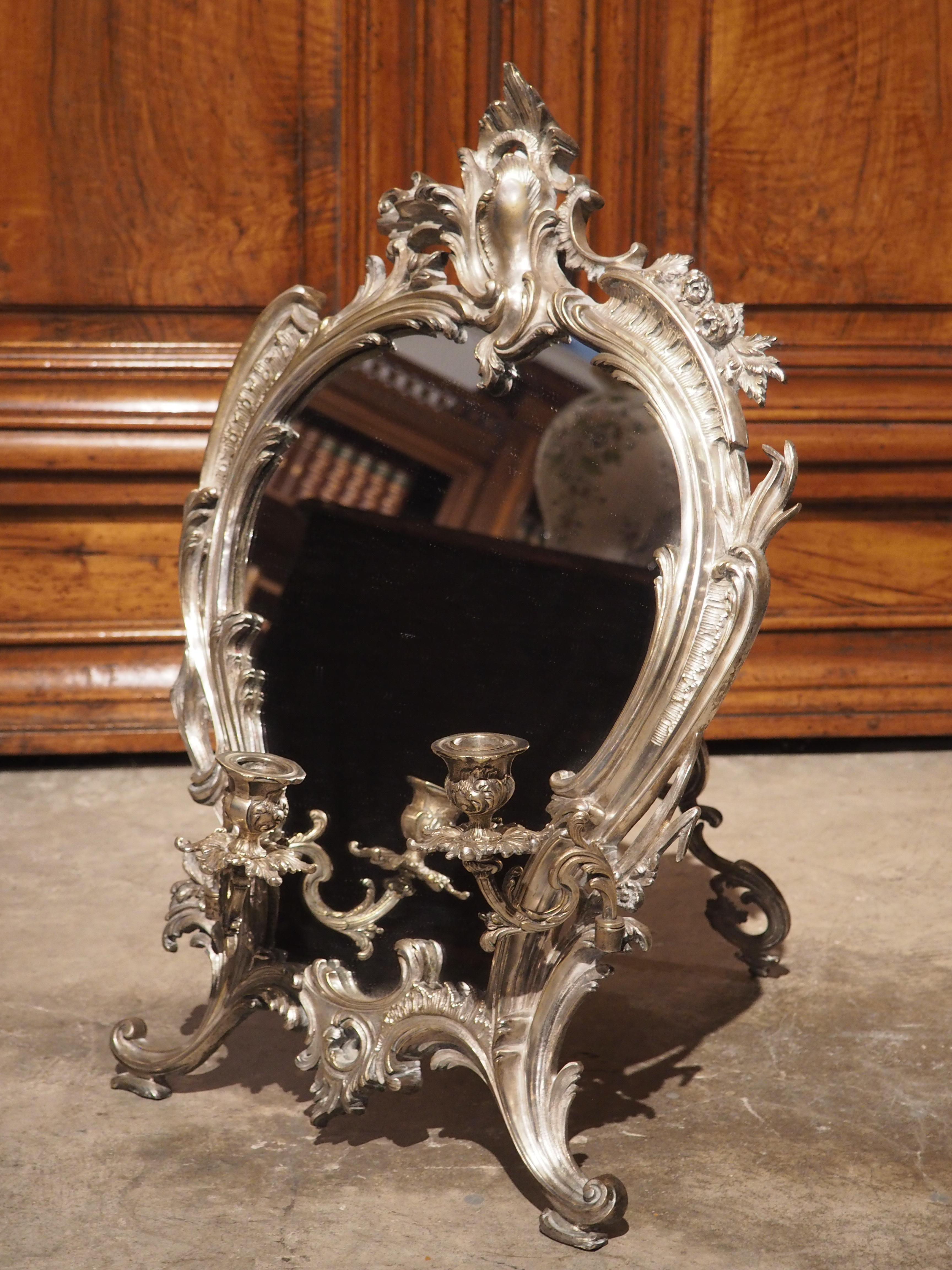 Miroir de table ancien français en bronze argenté avec porte-bougies, vers 1850 en vente 6