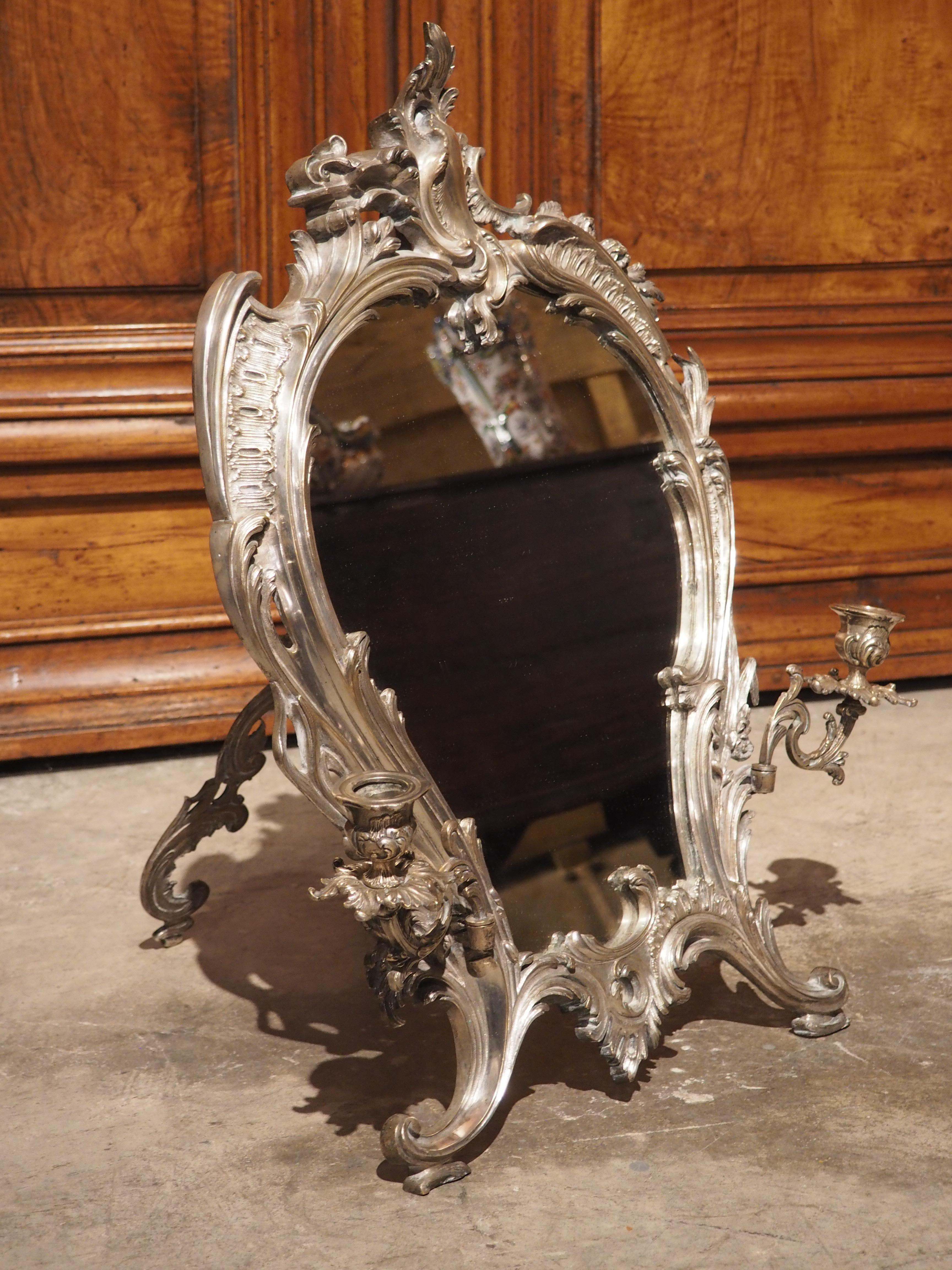 Miroir de table ancien français en bronze argenté avec porte-bougies, vers 1850 en vente 7