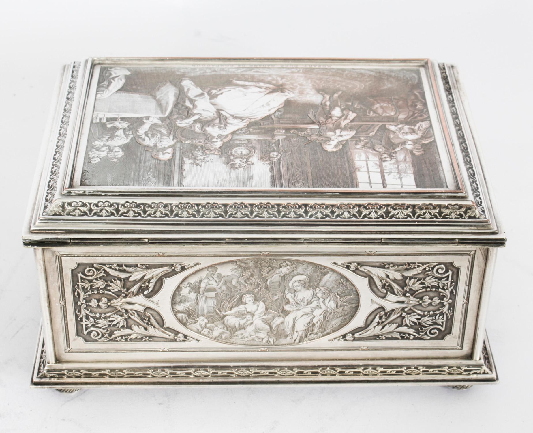 Boîte à bijoux française ancienne en cuivre argenté B Wicker 19ème siècle en vente 7