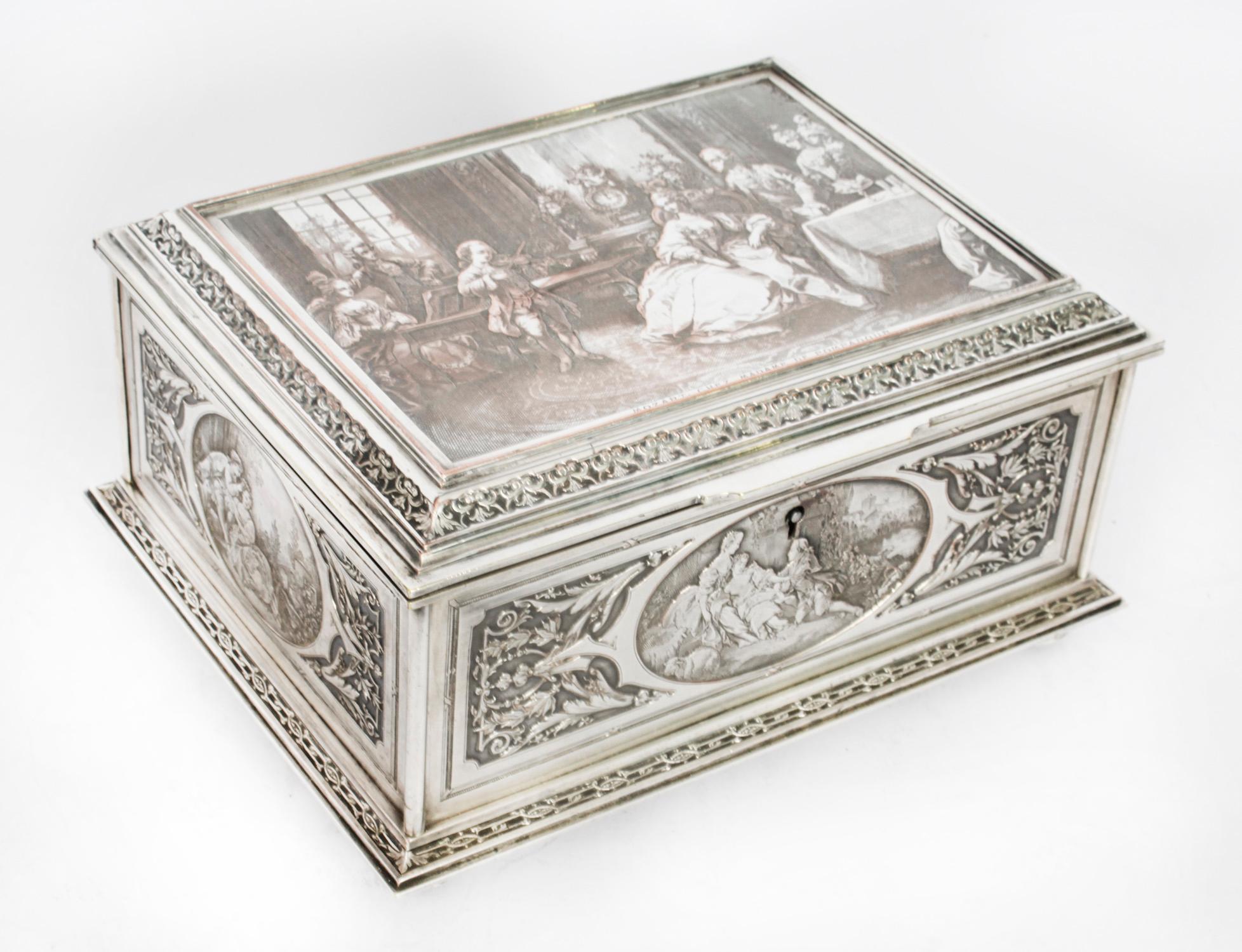Boîte à bijoux française ancienne en cuivre argenté B Wicker 19ème siècle en vente 12